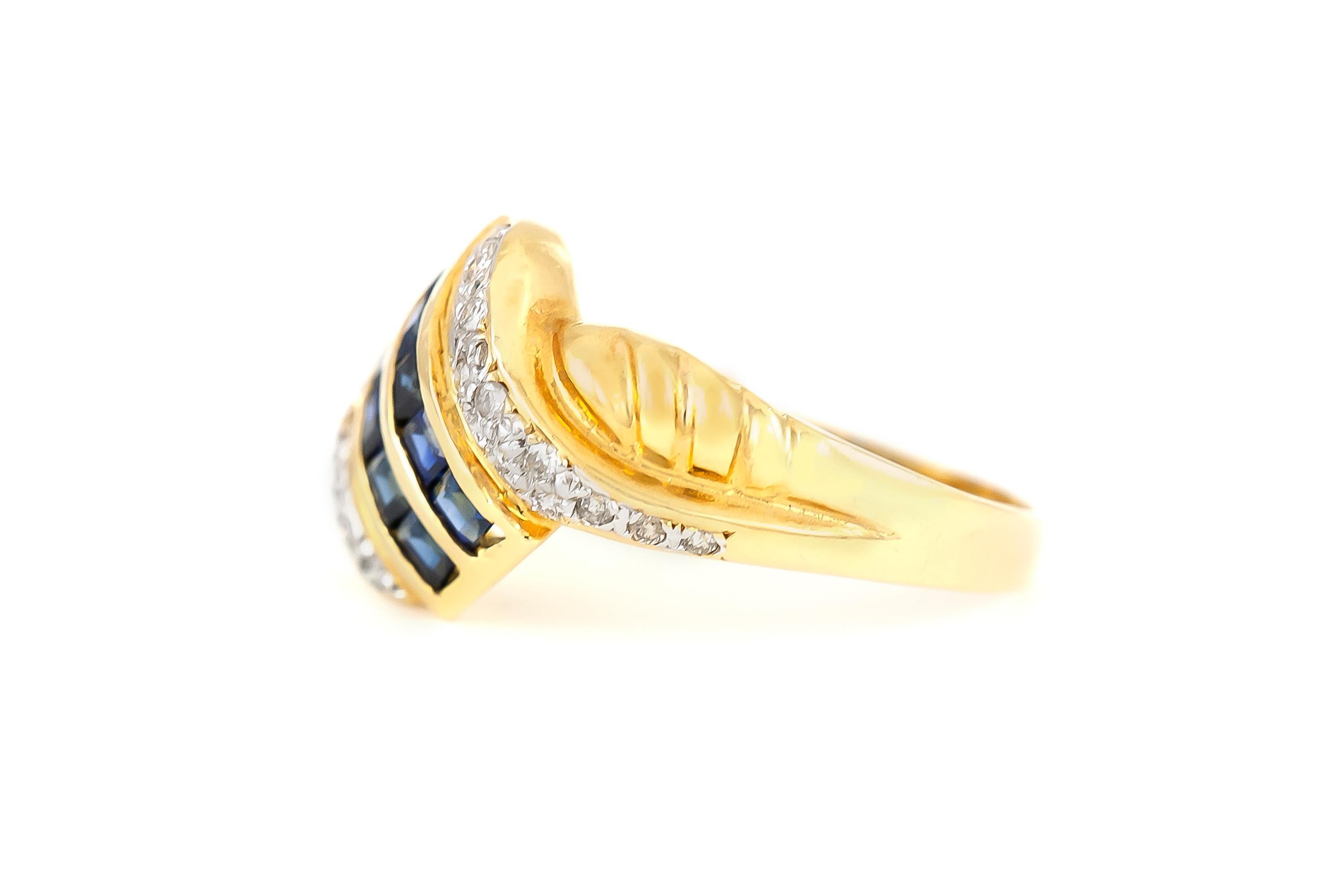 The ring is finely crafted in 14k yellow gold with diamonds weighing approximately total of 0.30 carat and sapphire weighing approximately total of 0.30.
Circa 1980.