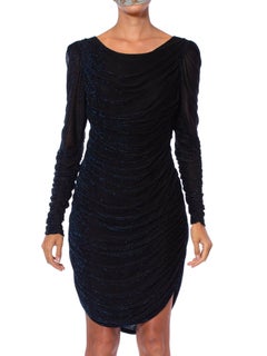 1980S Sapphire Blue  Poly/Lurex Jersey Slinky Cocktail Dress With Sleeves