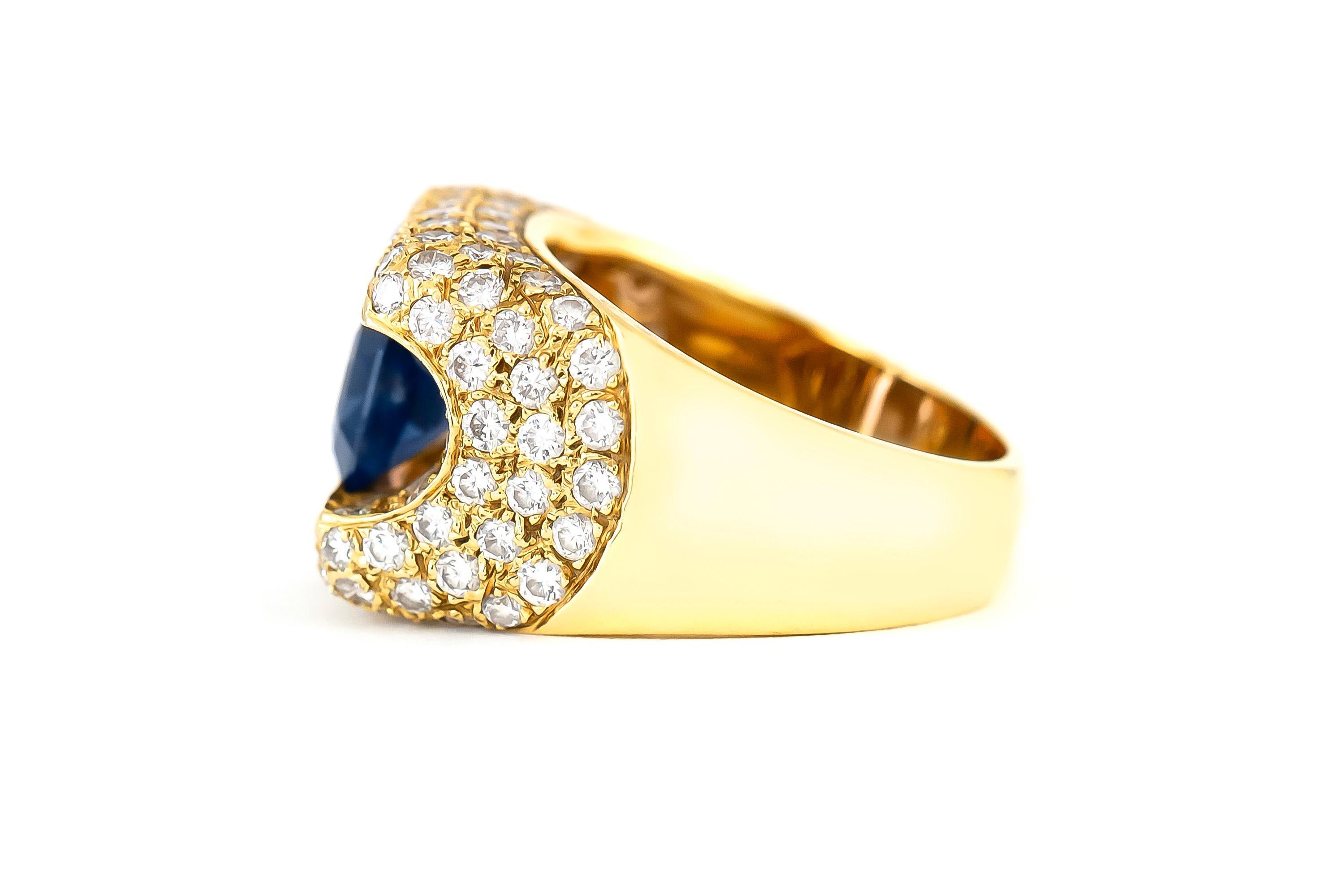 The ring is finely crafted in 18k yellow gold with sapphire as center stone weighing approximately total of 2.00 carat and diamonds weighing approximately total of 4.00 carat.
Circa 1980.