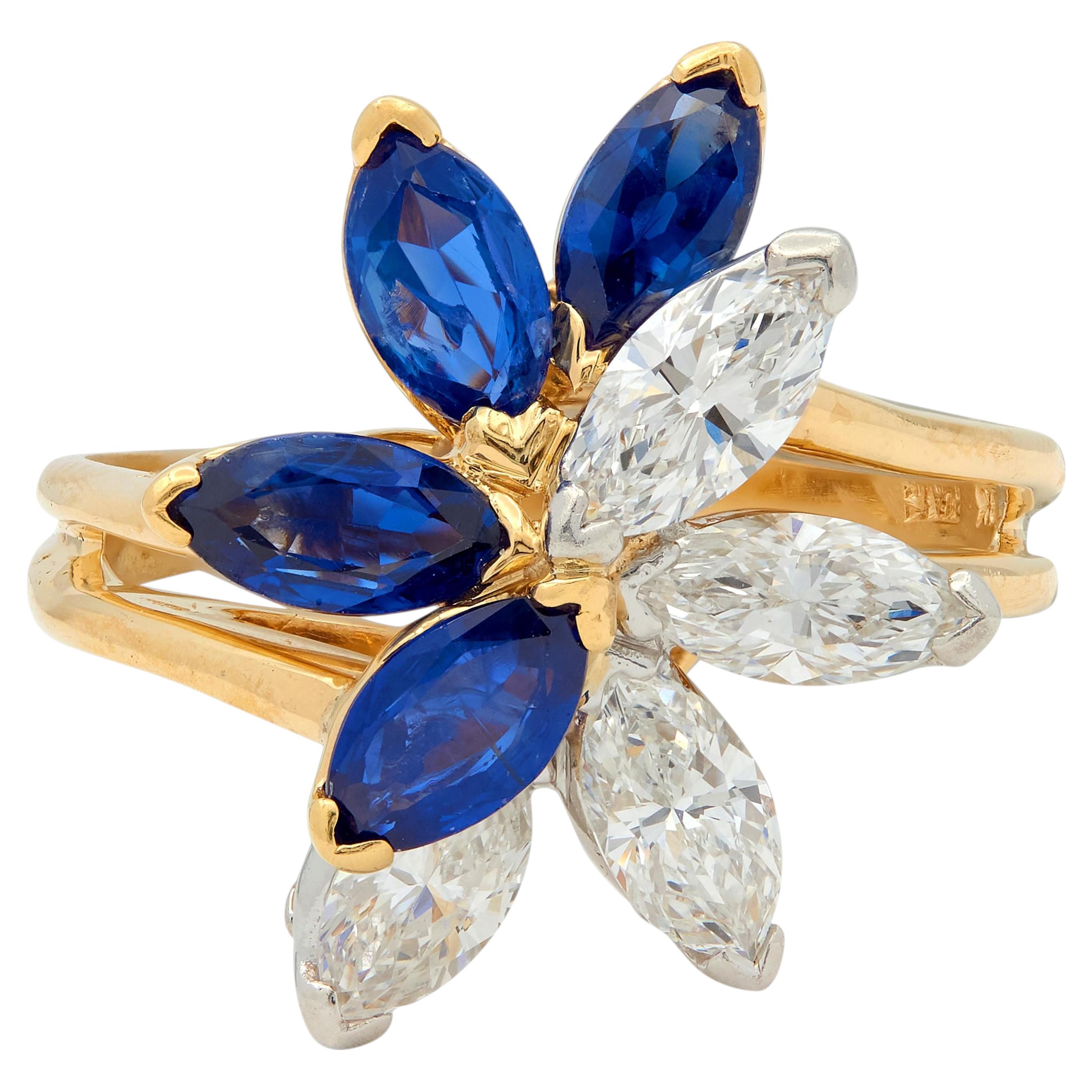 Vintage-Cluster-Ring aus den 1980er Jahren mit Saphir, Diamanten, 18 Karat Gelbgold und Platin