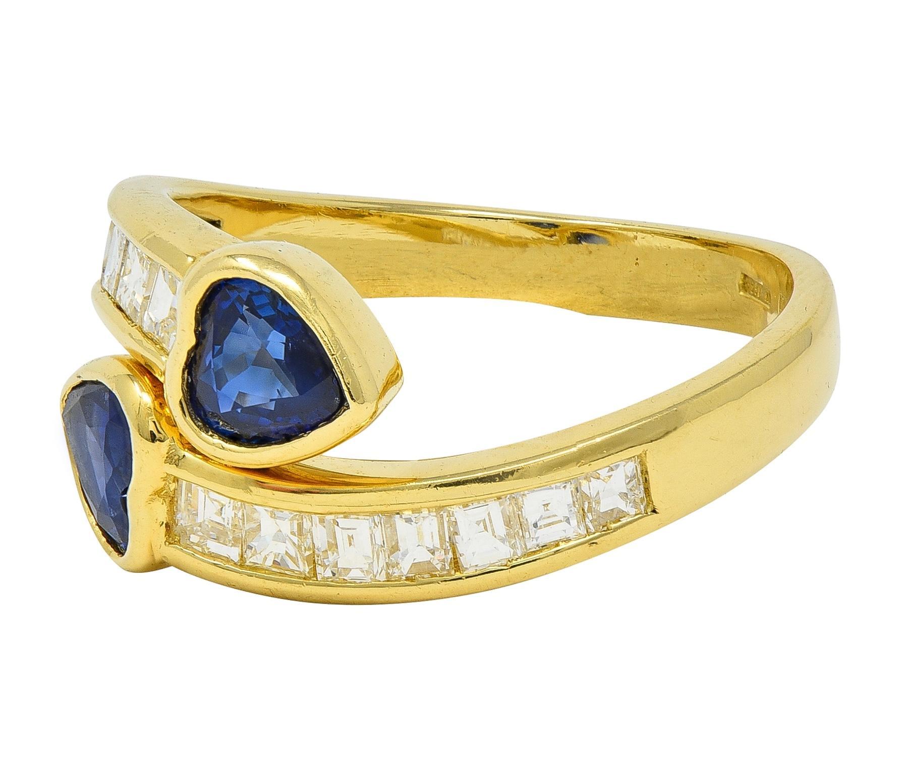 1980er Jahre Saphir Diamant 18 Karat Gelbgold Vintage Herz Bypass Ring Damen im Angebot