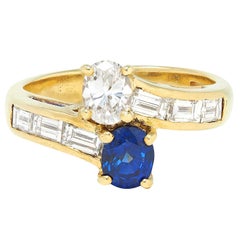 1980 Saphir Diamant Or jaune 18 carats Bague Vintage Toi-Et-Moi Bypass