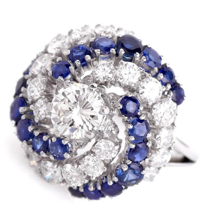Round Cut 1980s Sapphire Diamond Cluster 18 Karat Gold Cocktail Dome Ring For Sale