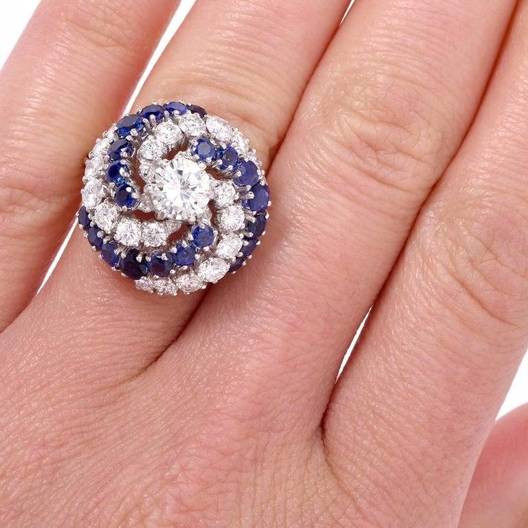 Women's or Men's 1980s Sapphire Diamond Cluster 18 Karat Gold Cocktail Dome Ring For Sale