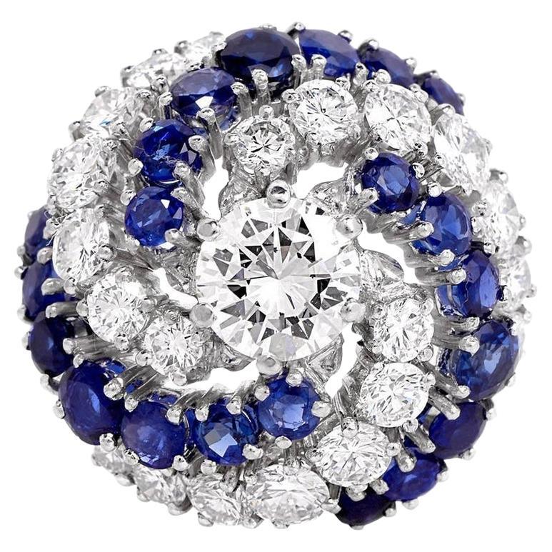1980er Jahre Saphir-Diamant-Cluster-Cocktail-Kuppelring aus 18 Karat Gold im Angebot