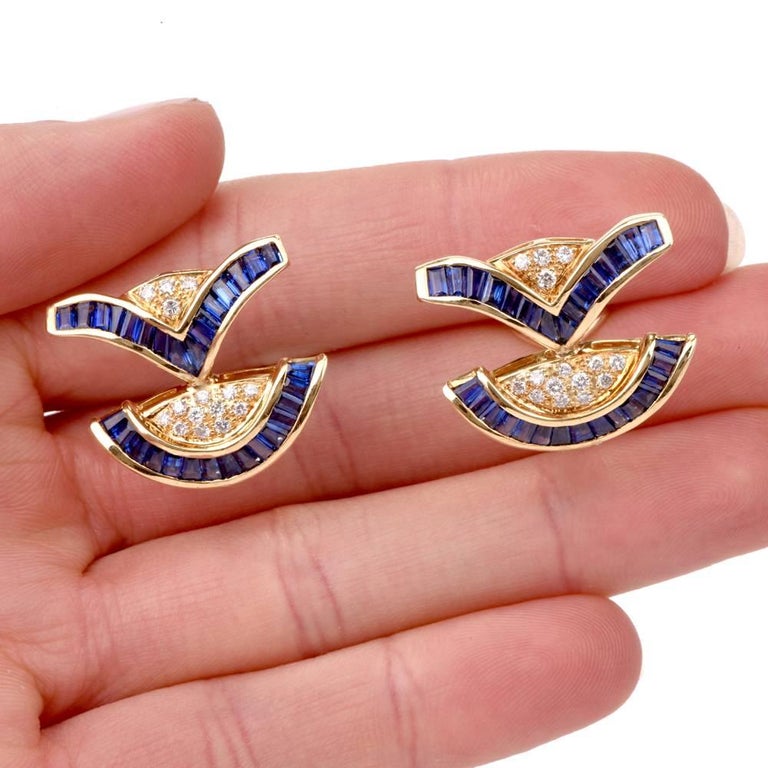 1980s Sapphire Diamond Yellow Gold Clip-On Earrings For Sale at 1stdibs