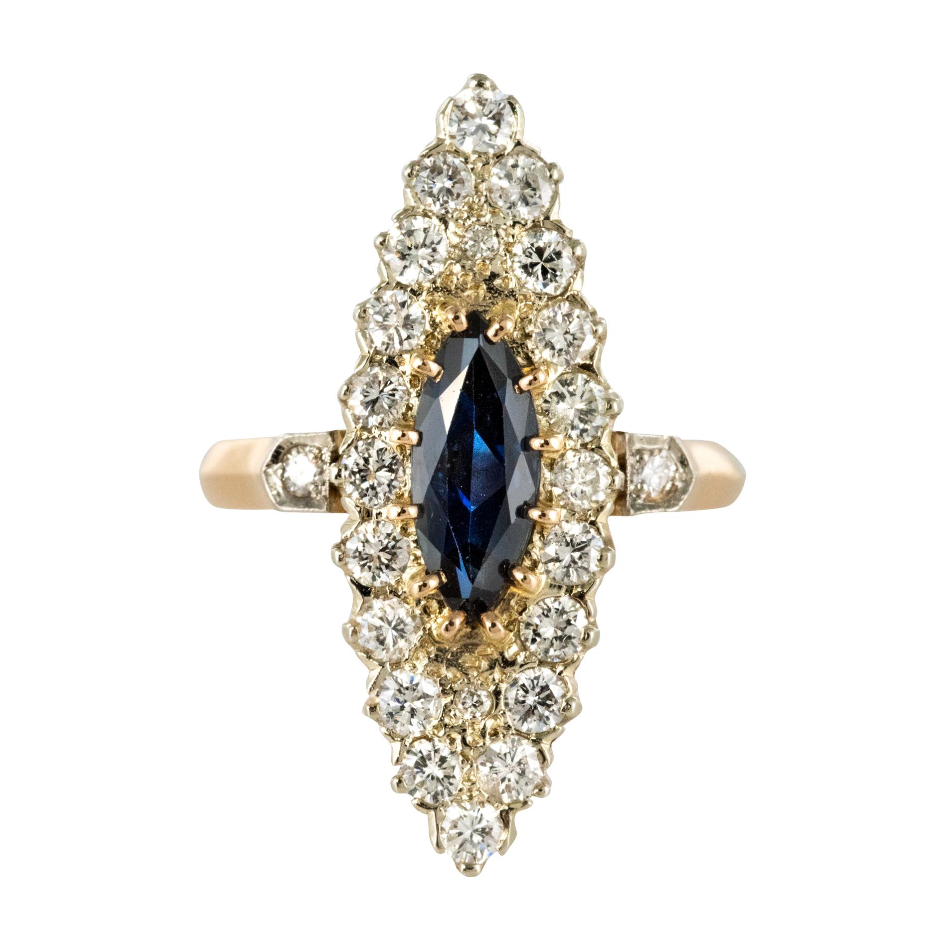 1980s Sapphire Diamonds 18 Karat Gold Marquise Ring