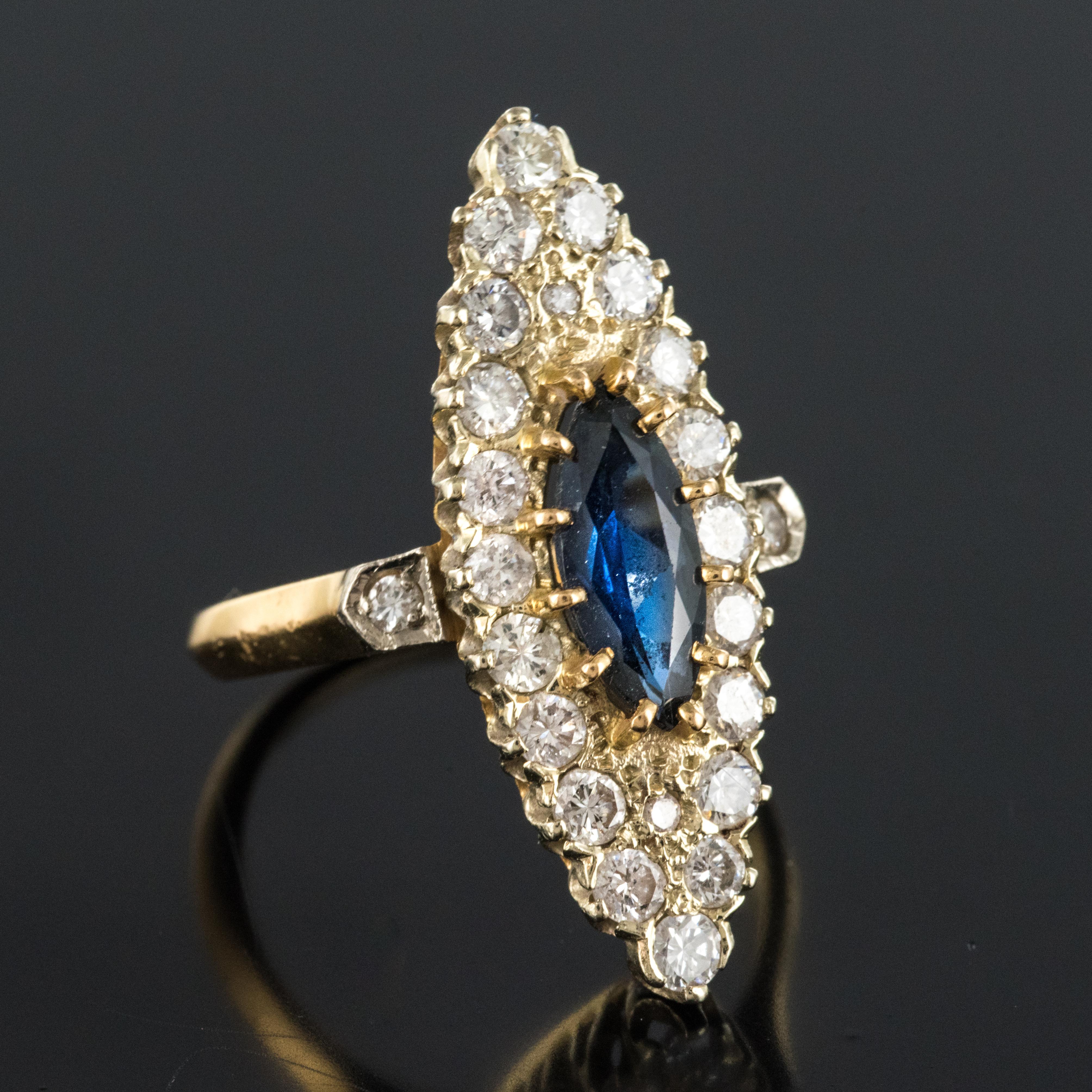 Retro 1980s Sapphire Diamonds 18 Karat Gold Marquise Ring