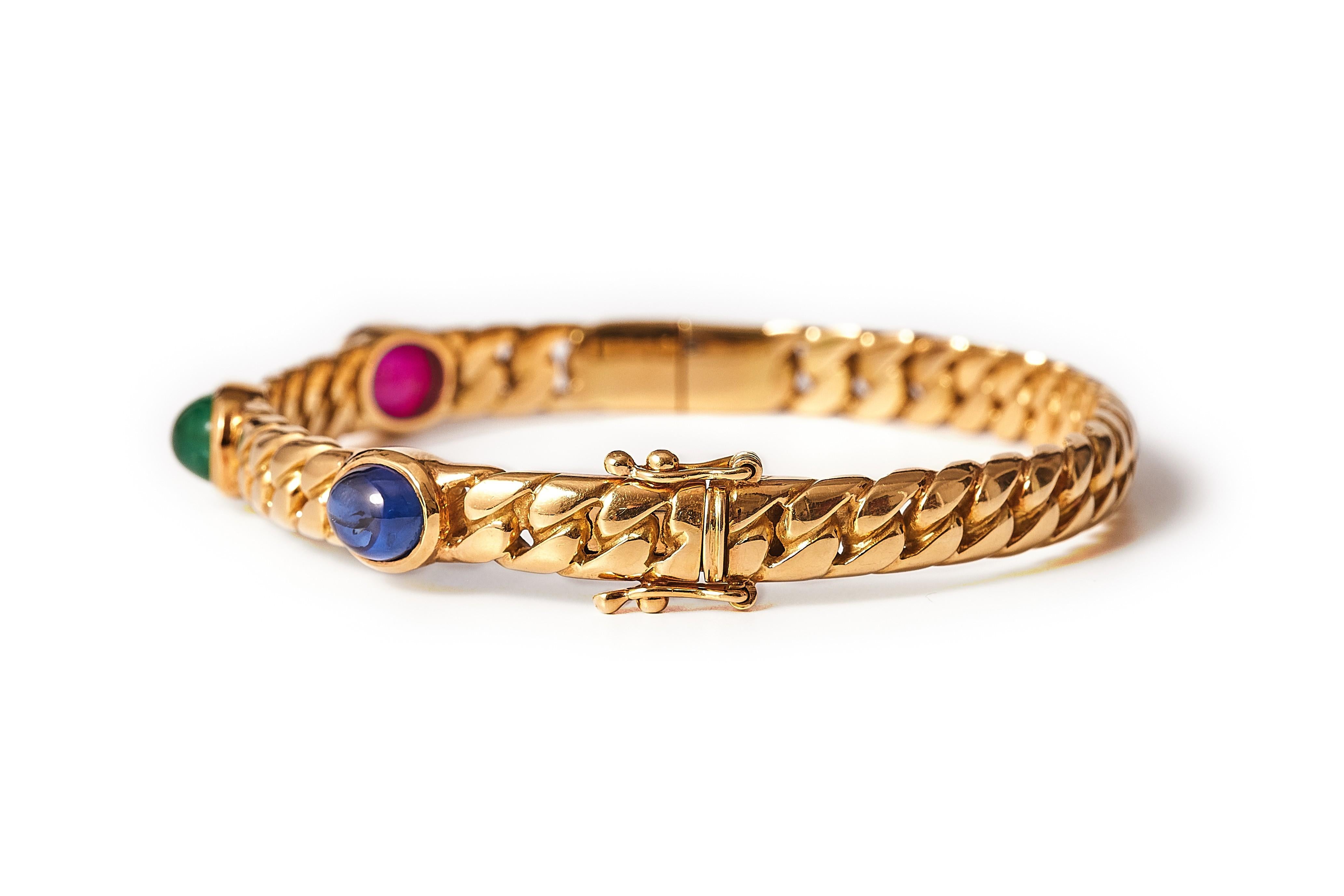 Modern 1980s Sapphire, Emerald and Ruby 18kt Curb Link Bangle For Sale