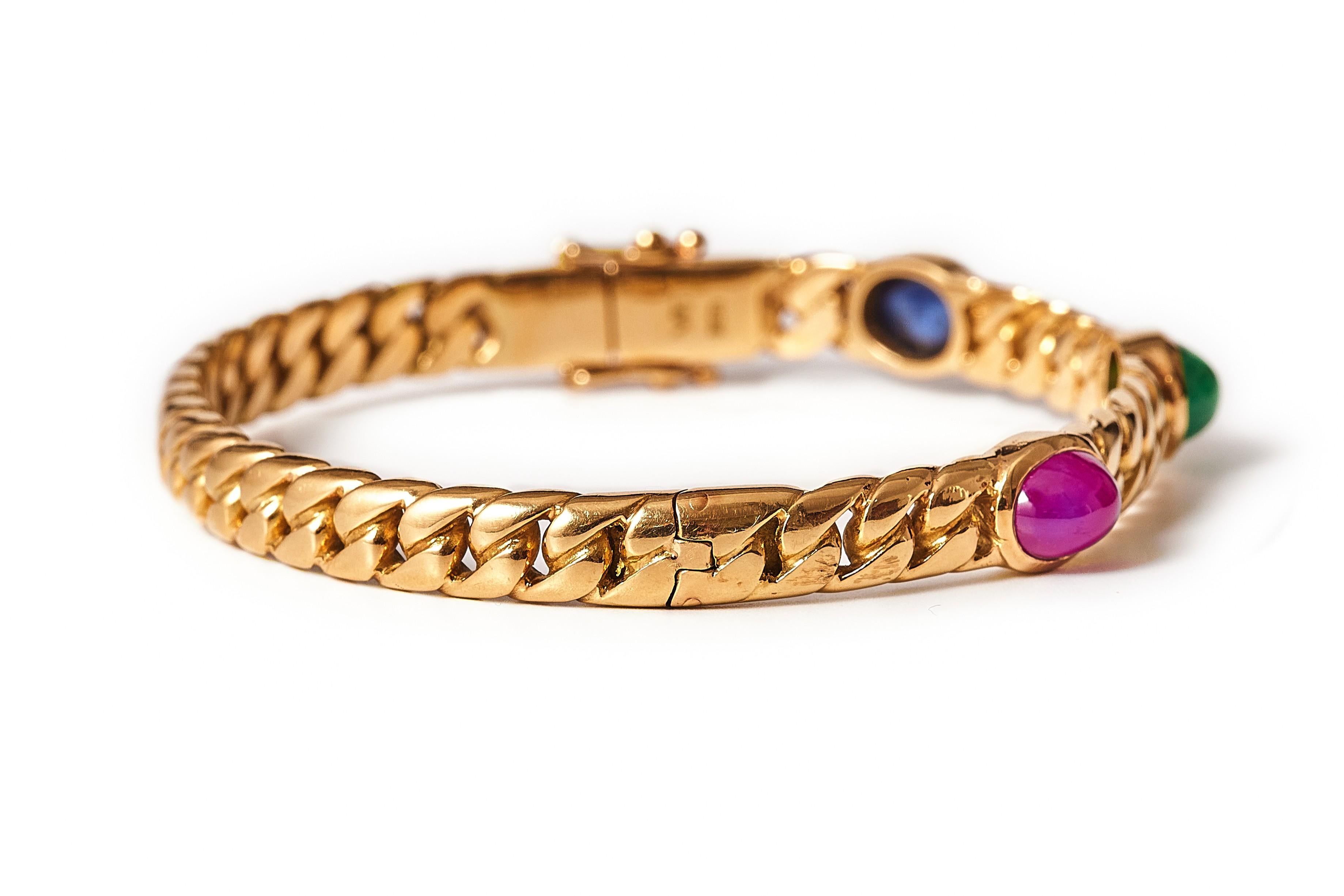 Women's 1980s Sapphire, Emerald and Ruby 18kt Curb Link Bangle For Sale