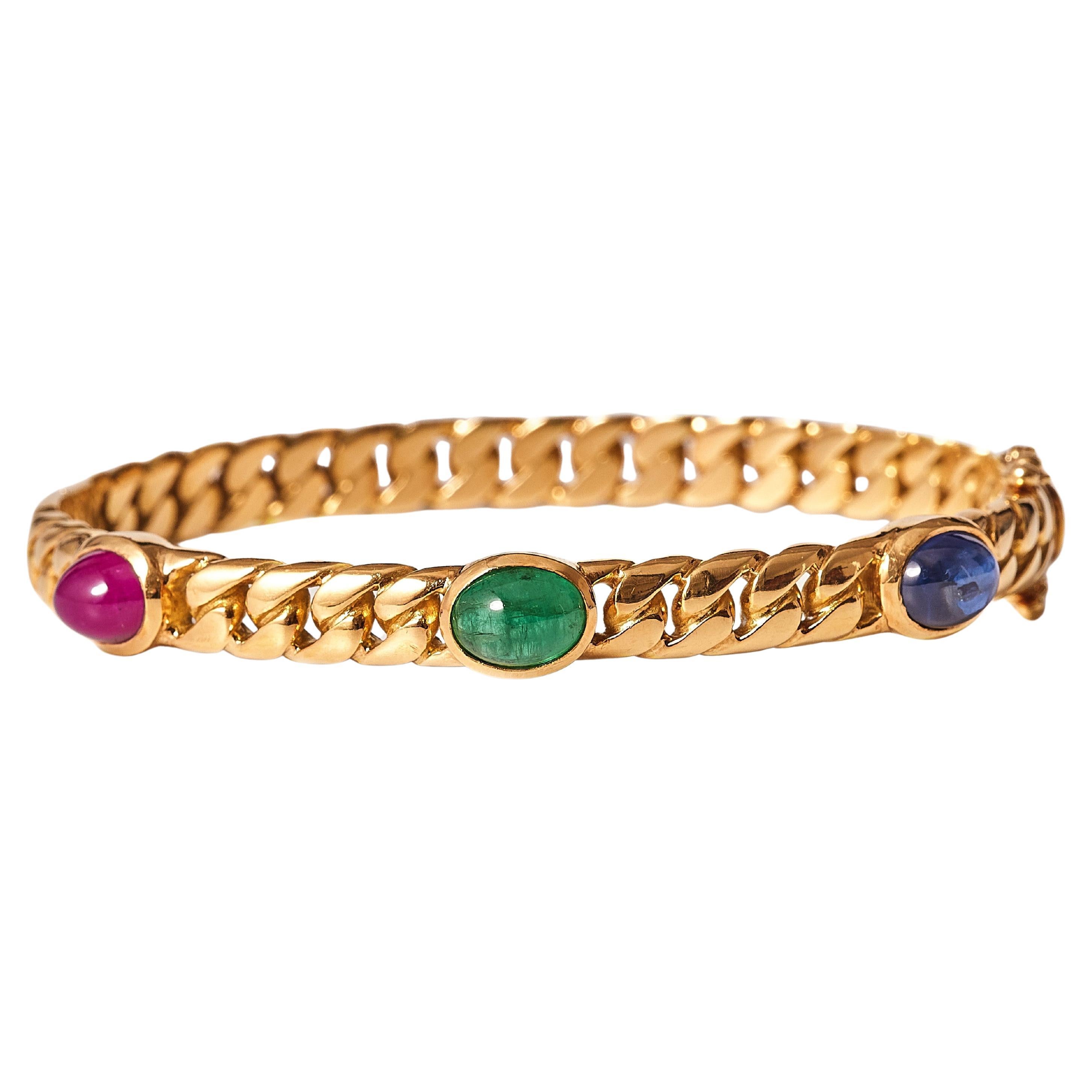 1980s Sapphire, Emerald and Ruby 18kt Curb Link Bangle For Sale