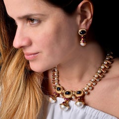 1980S  Sapphire Ruby Pearl 18K Gold Statement Necklace