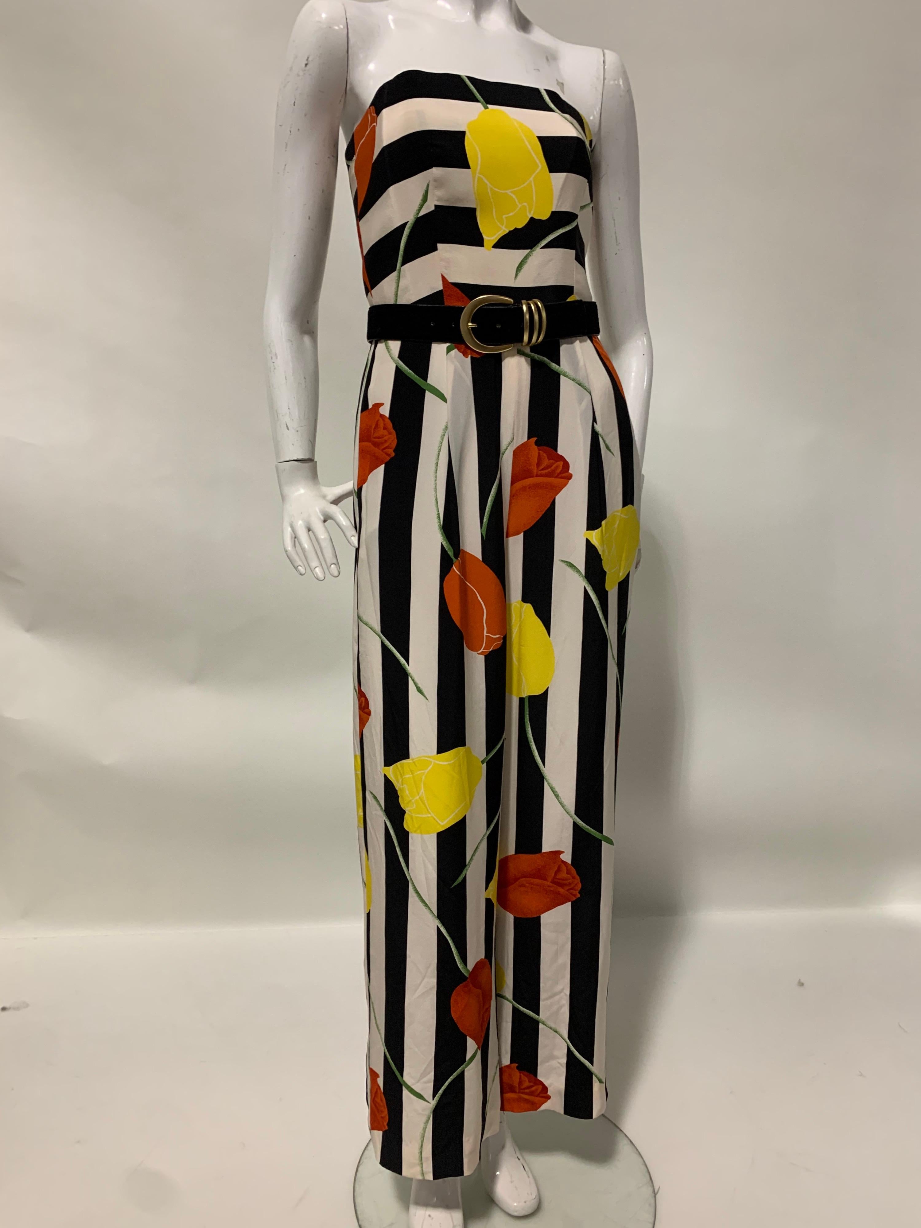 1980s Scaasi Bold Black & White Silk Wide Leg Jumpsuit W/ Red & Yellow Tulips 6