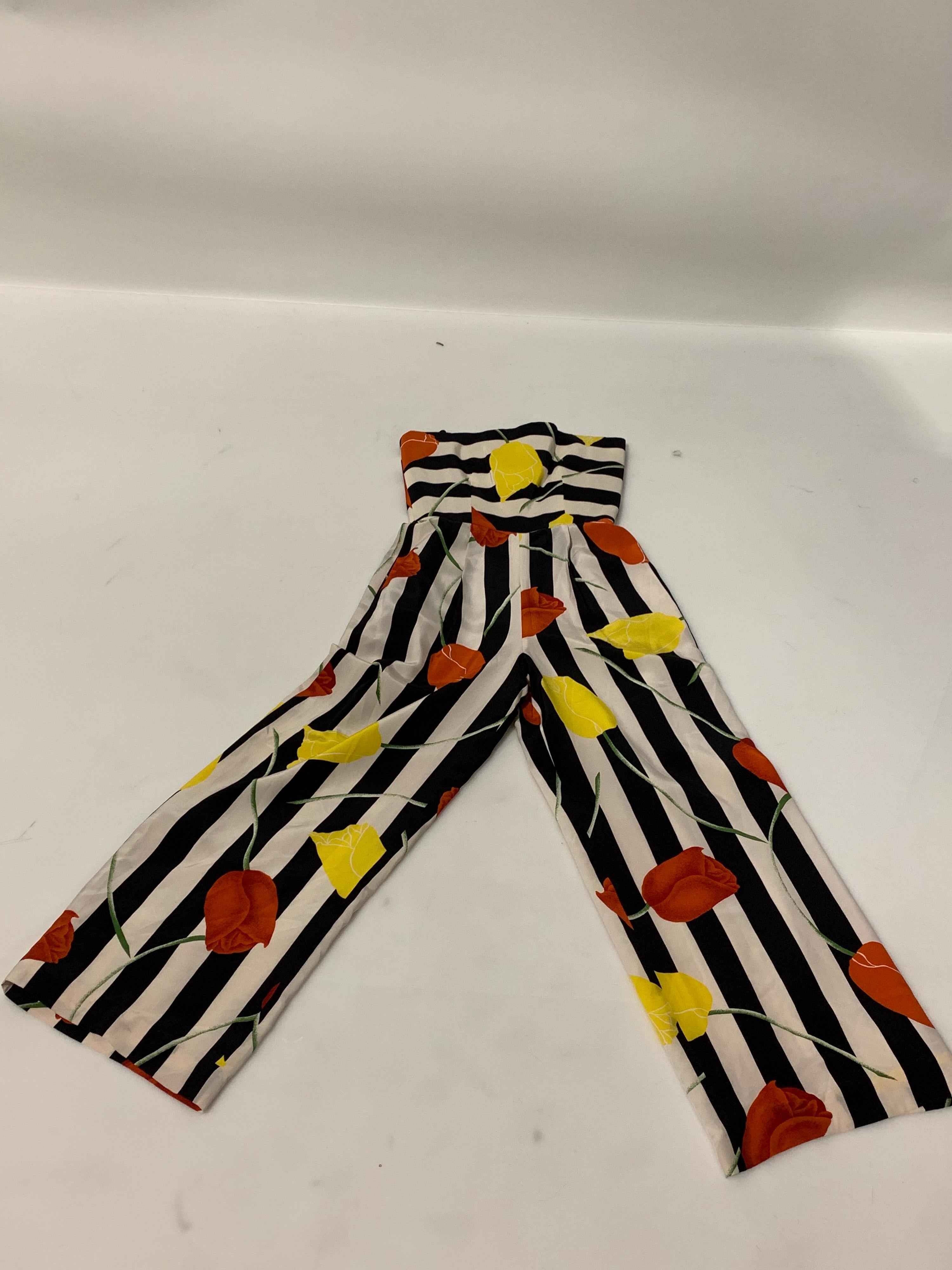 1980s Scaasi Bold Black & White Silk Wide Leg Jumpsuit W/ Red & Yellow Tulips 7