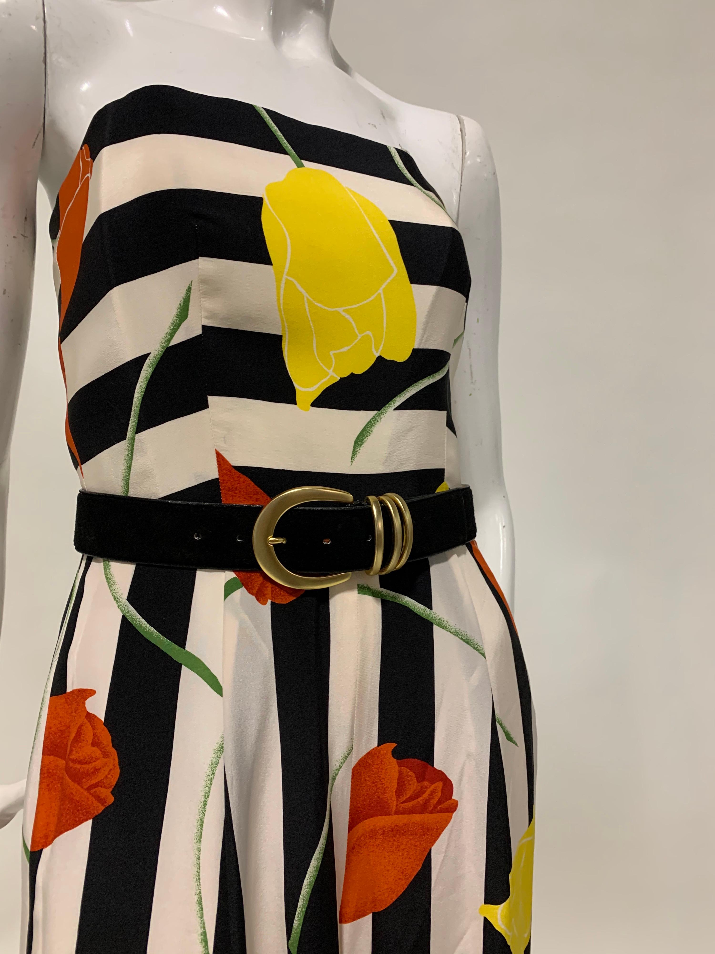 1980s Scaasi Boutique silk stripe and floral print strapless bodice and wide-legged jumpsuit. Fully boned bodice gives structure to this bold and beautiful design. Features side slit pockets and invisible back zipper. Vintage black suede belt sold