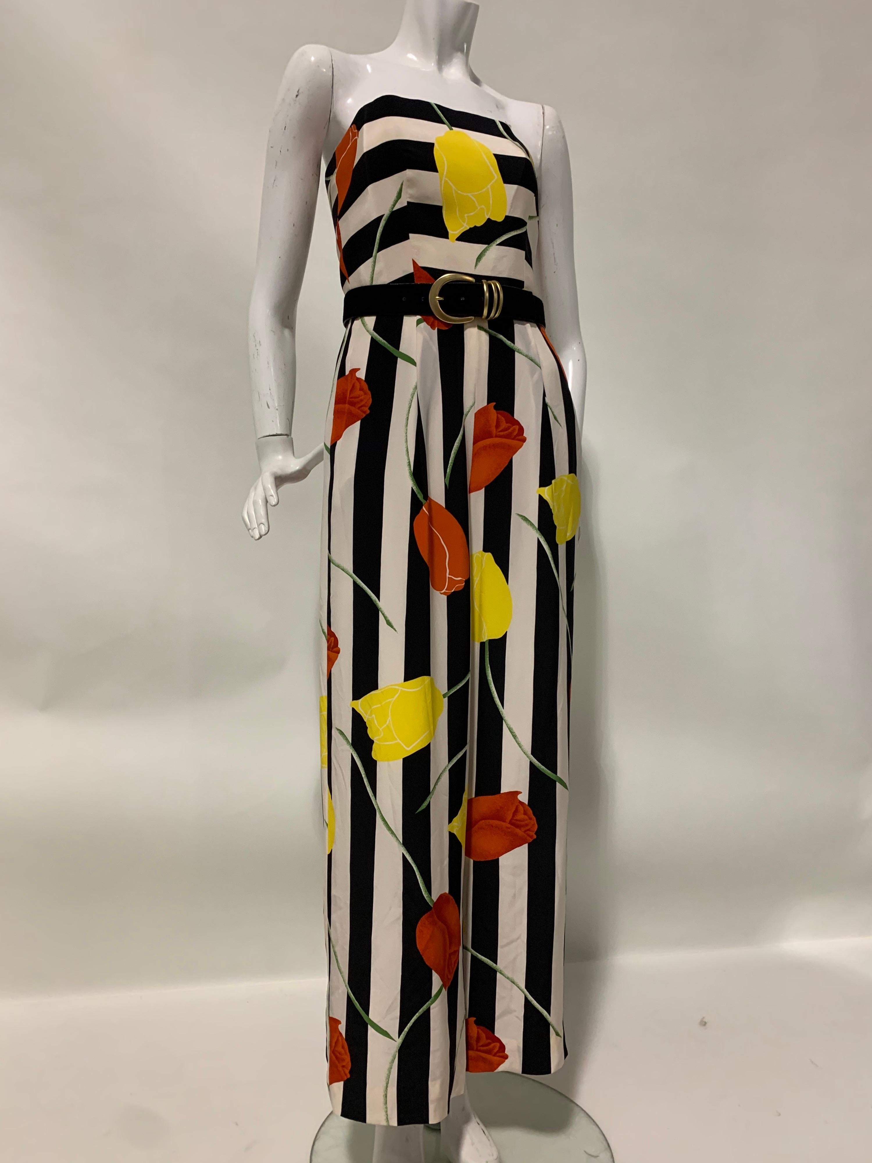 1980s Scaasi Bold Black & White Silk Wide Leg Jumpsuit W/ Red & Yellow Tulips In Excellent Condition In Gresham, OR