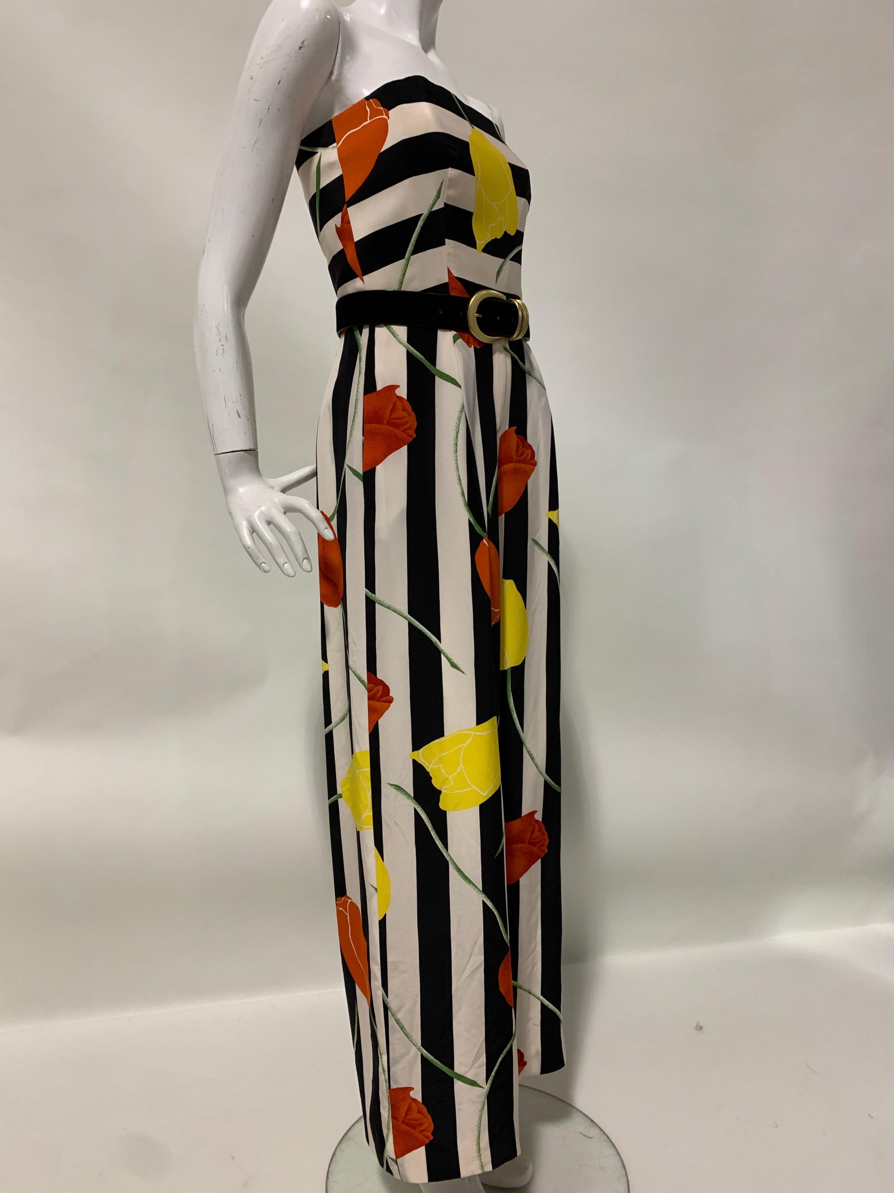 Women's 1980s Scaasi Bold Black & White Silk Wide Leg Jumpsuit W/ Red & Yellow Tulips