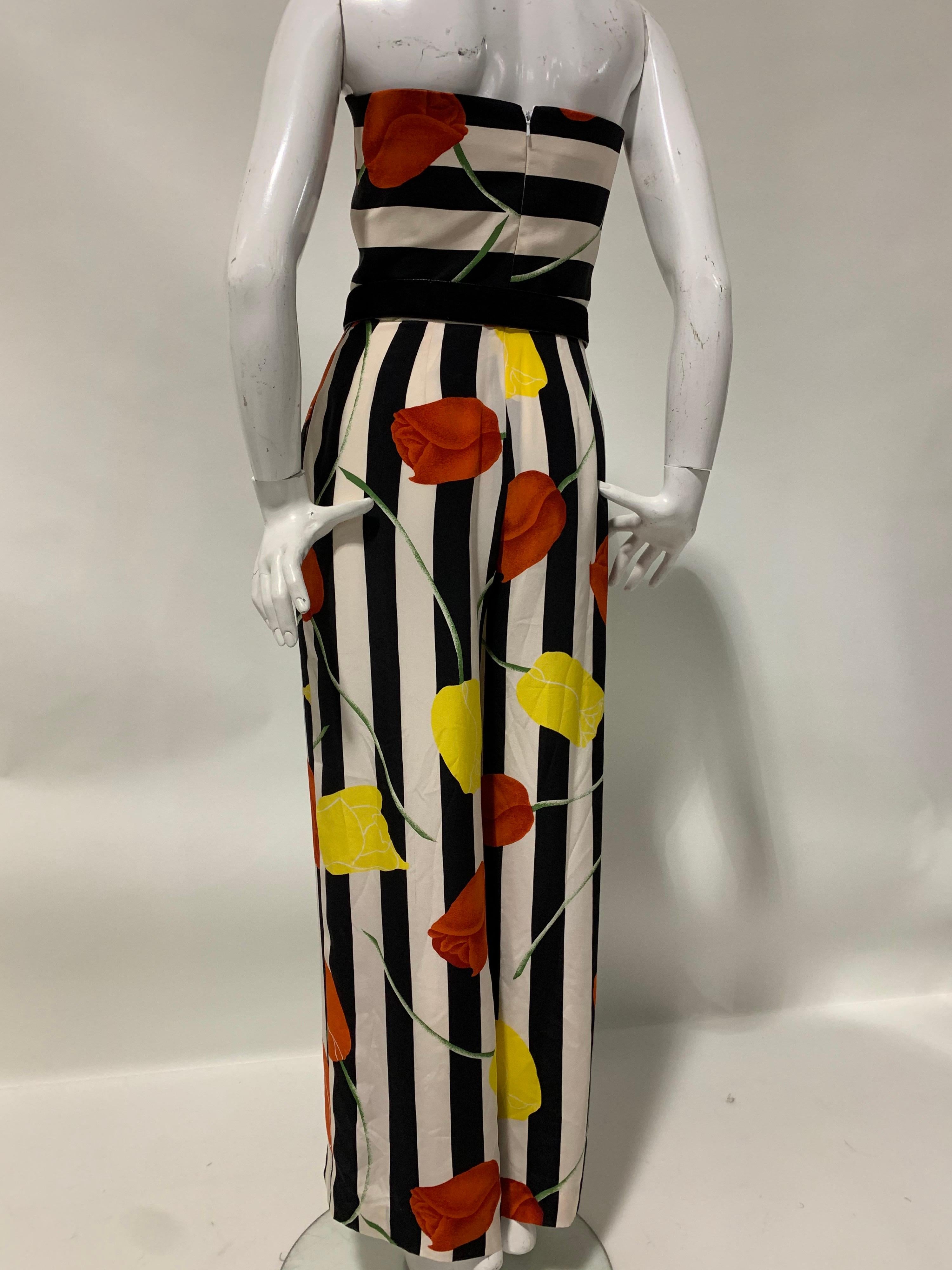 1980s Scaasi Bold Black & White Silk Wide Leg Jumpsuit W/ Red & Yellow Tulips 1