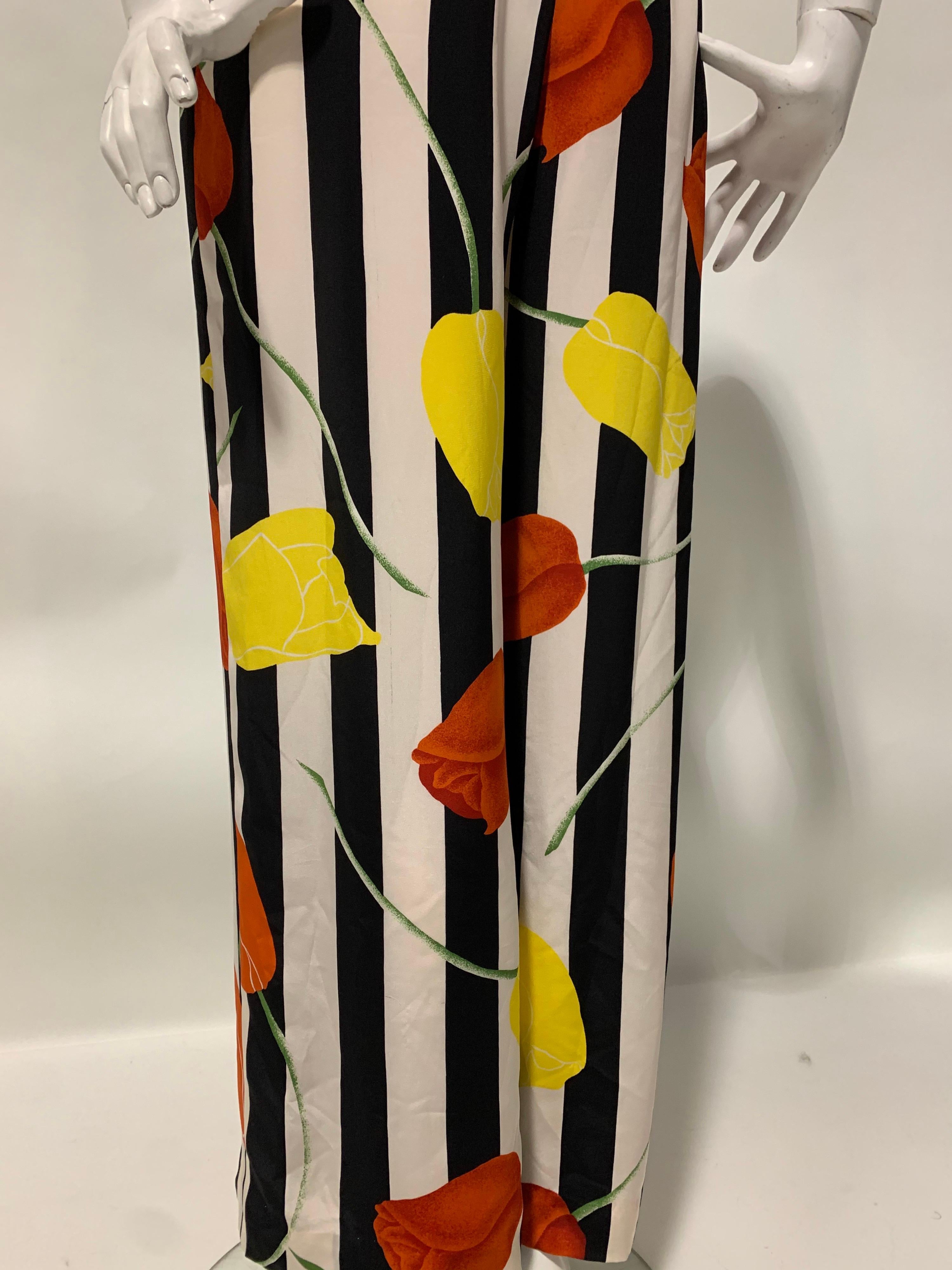 1980s Scaasi Bold Black & White Silk Wide Leg Jumpsuit W/ Red & Yellow Tulips 2