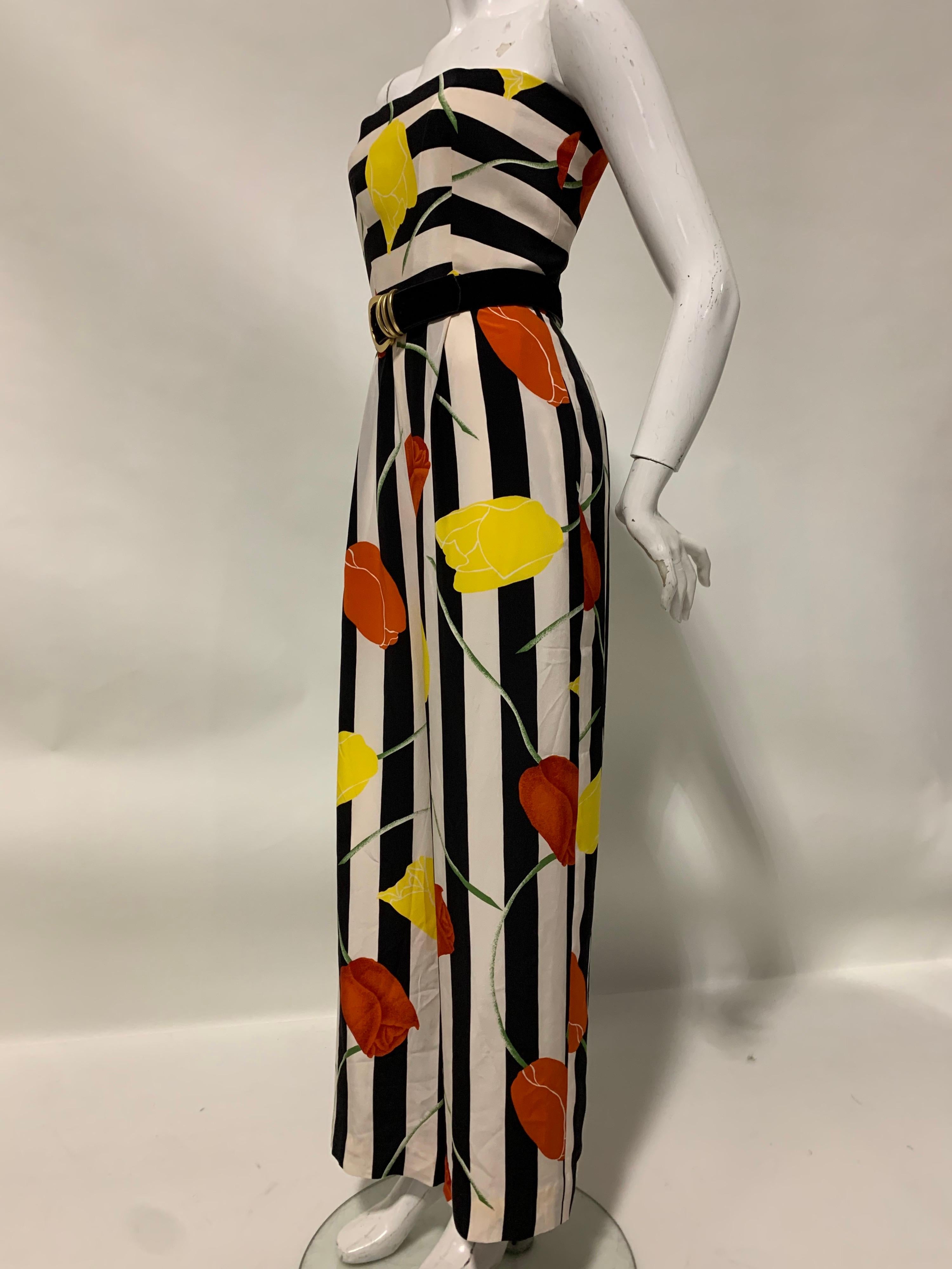 1980s Scaasi Bold Black & White Silk Wide Leg Jumpsuit W/ Red & Yellow Tulips 3