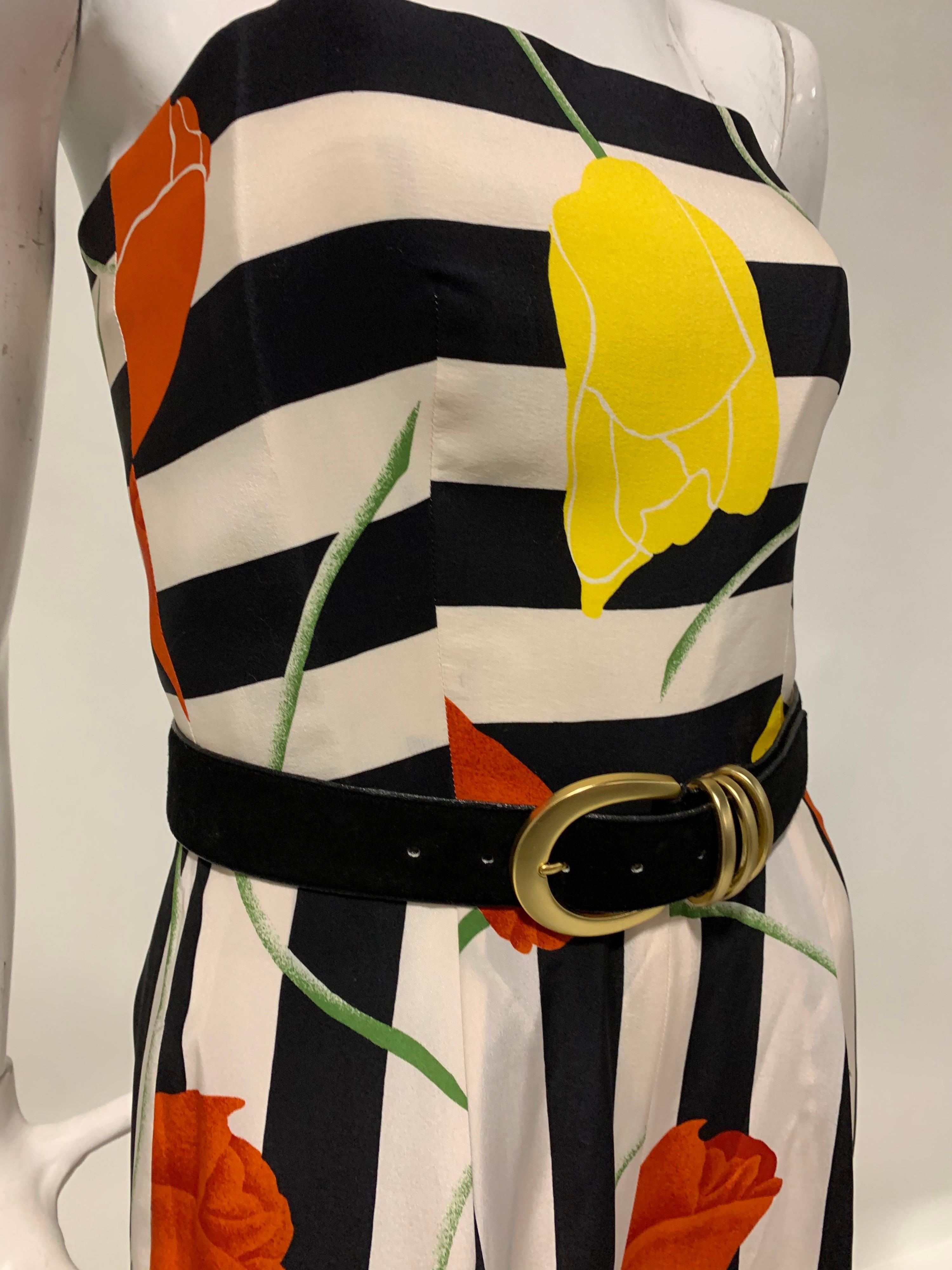 1980s Scaasi Bold Black & White Silk Wide Leg Jumpsuit W/ Red & Yellow Tulips 5