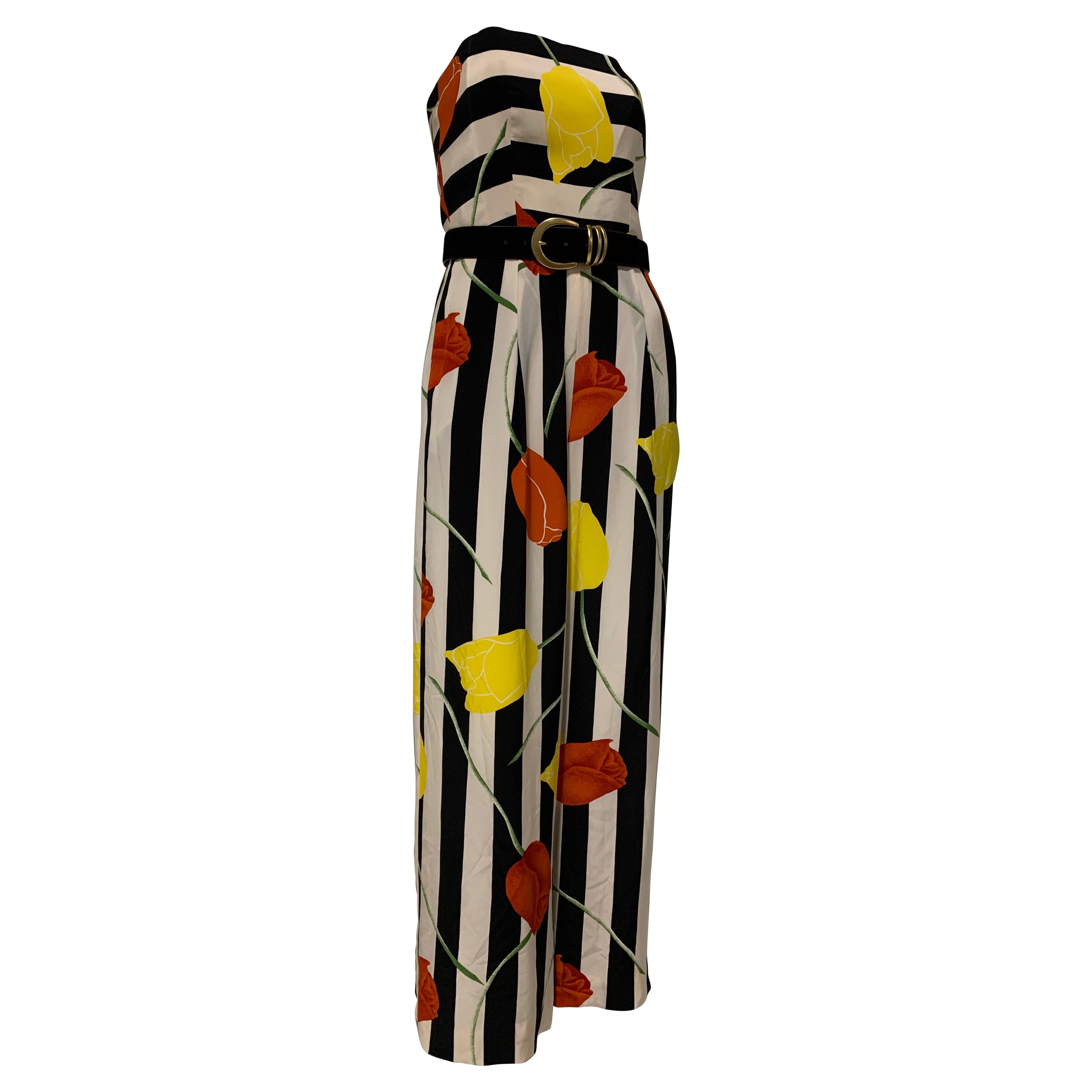 1980s Scaasi Bold Black & White Silk Wide Leg Jumpsuit W/ Red & Yellow Tulips