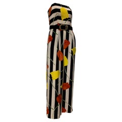 1980s Scaasi Bold Black & White Silk Wide Leg Jumpsuit W/ Red & Yellow Tulips