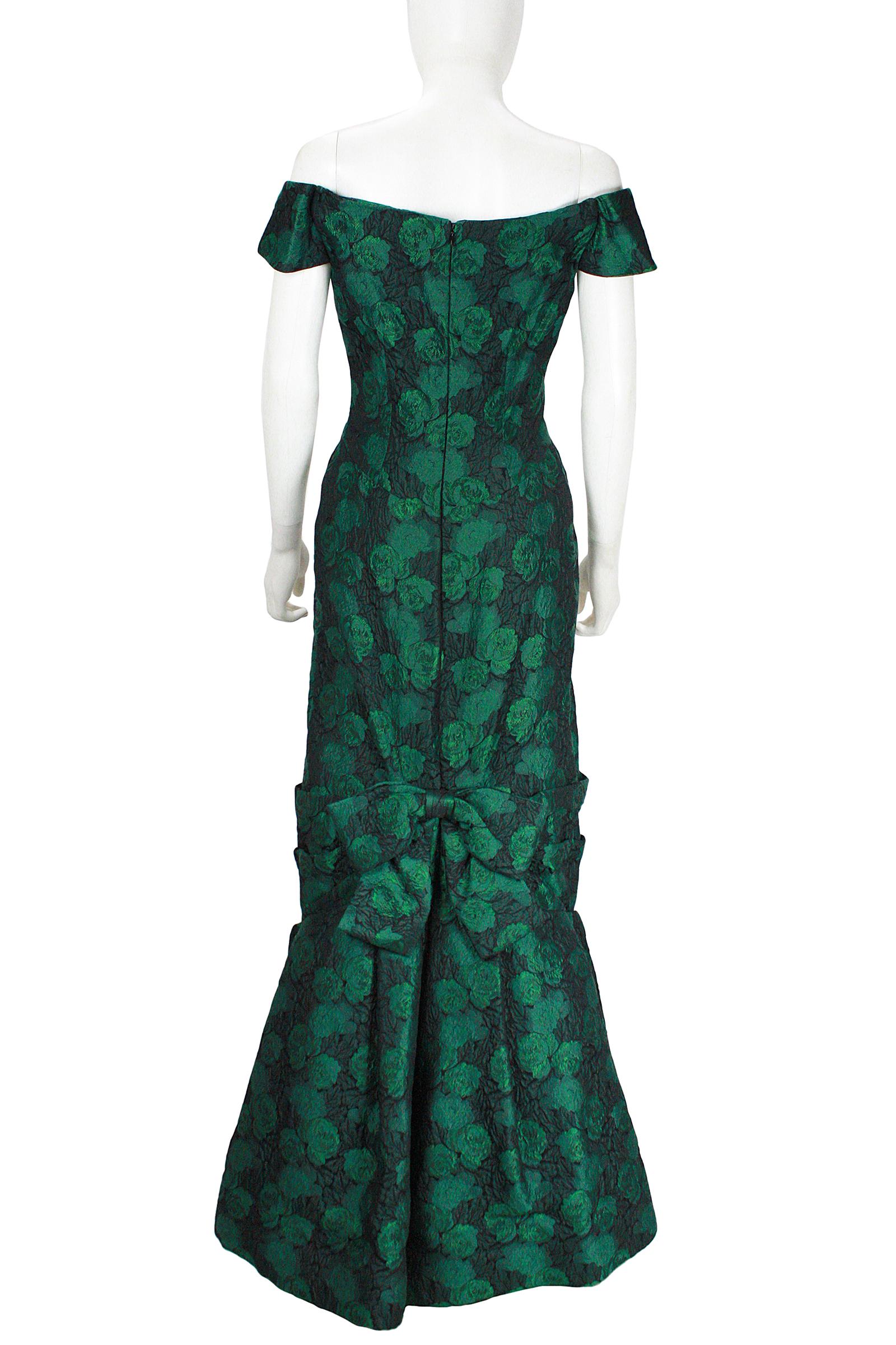 1980s Scaasi Off The Shoulder Green & Black Floral Brocade Gown with Jacket For Sale 3