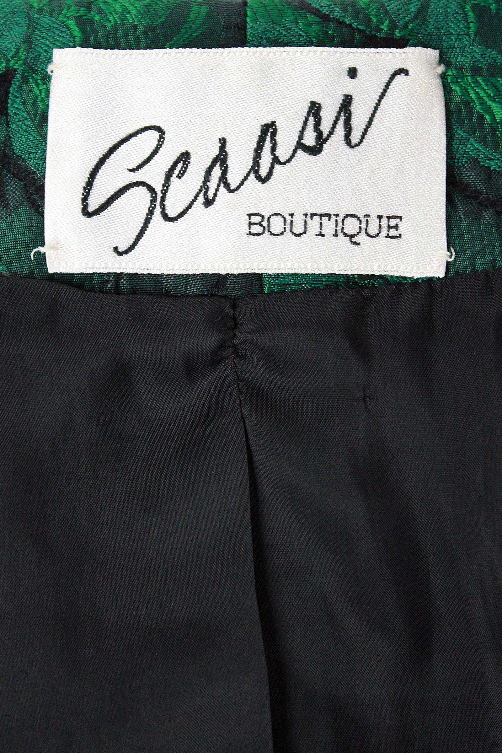 1980s Scaasi Off The Shoulder Green & Black Floral Brocade Gown with Jacket For Sale 5