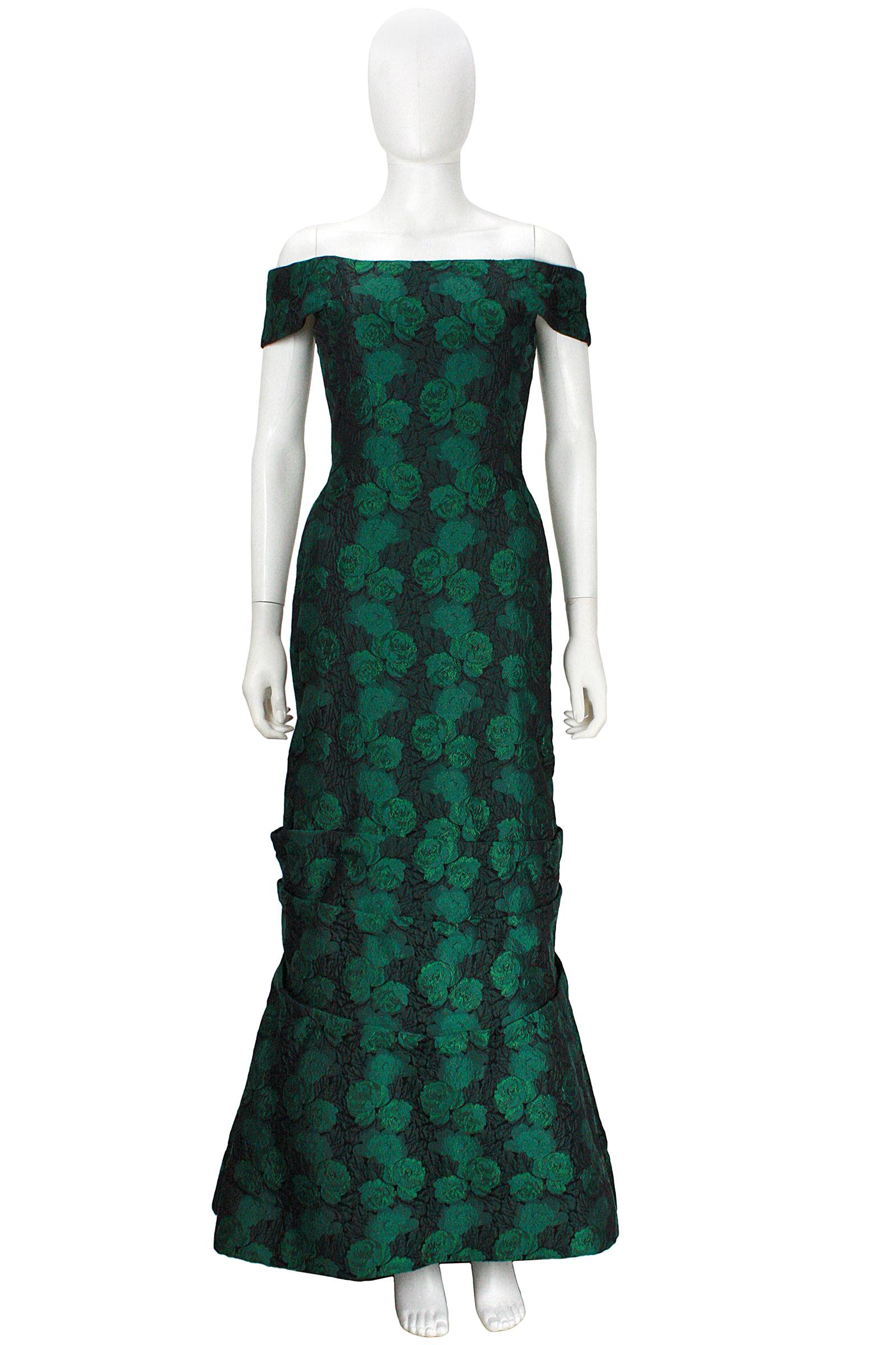 1980s Scaasi Off The Shoulder Green & Black Floral Brocade Gown with Jacket In Good Condition For Sale In Los Angeles, CA