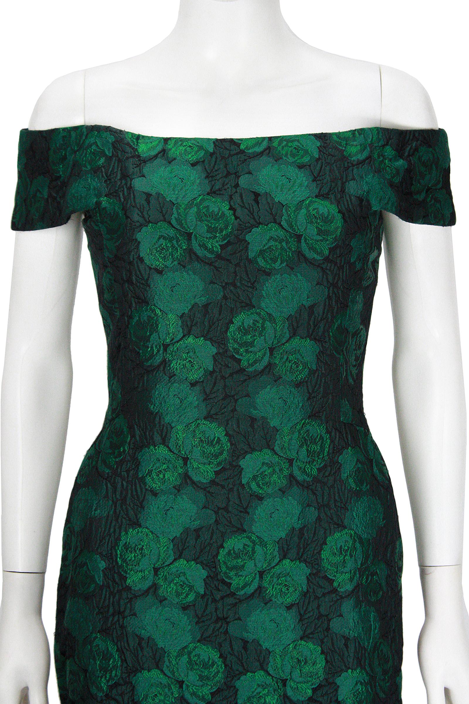 Women's 1980s Scaasi Off The Shoulder Green & Black Floral Brocade Gown with Jacket For Sale