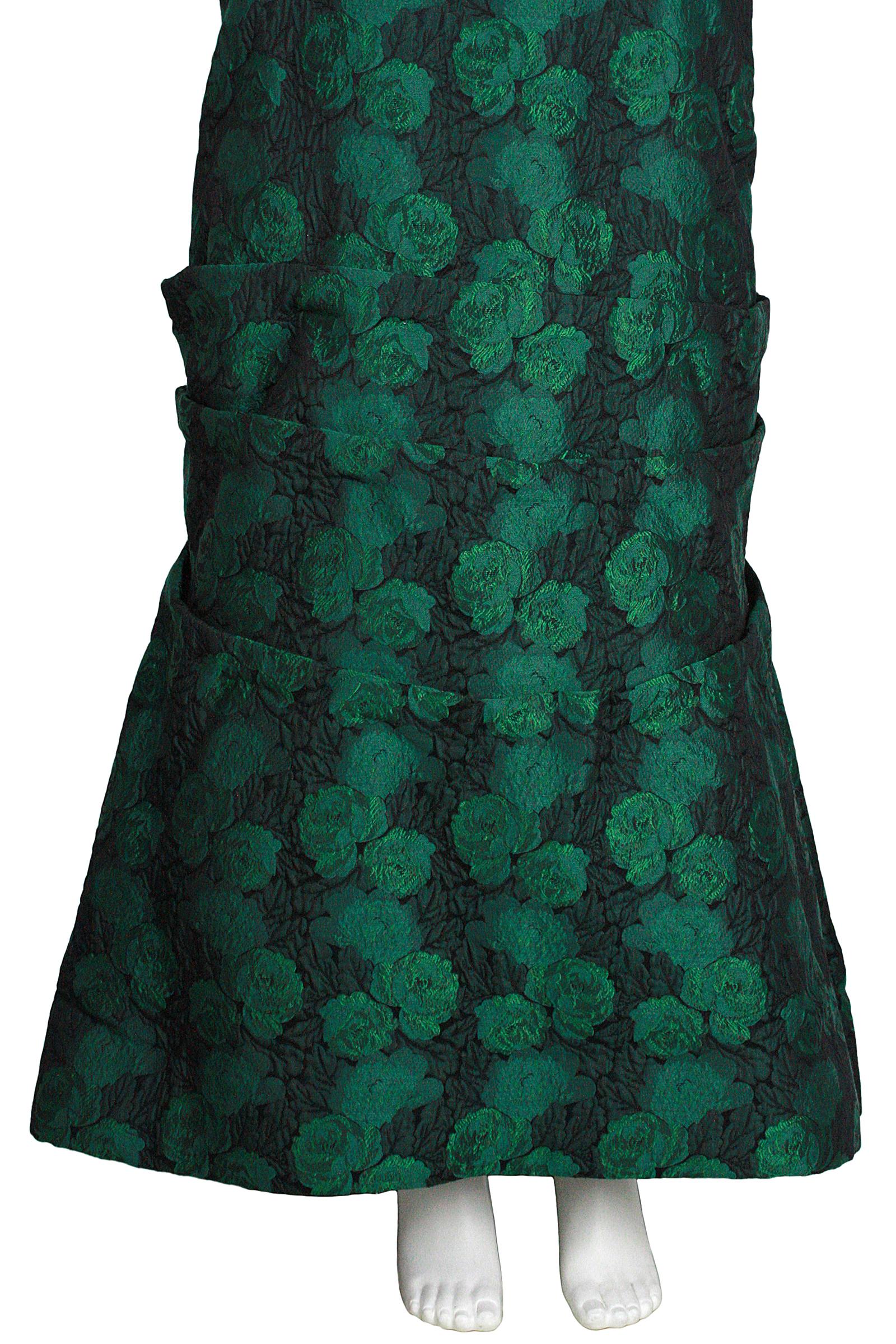 1980s Scaasi Off The Shoulder Green & Black Floral Brocade Gown with Jacket For Sale 1