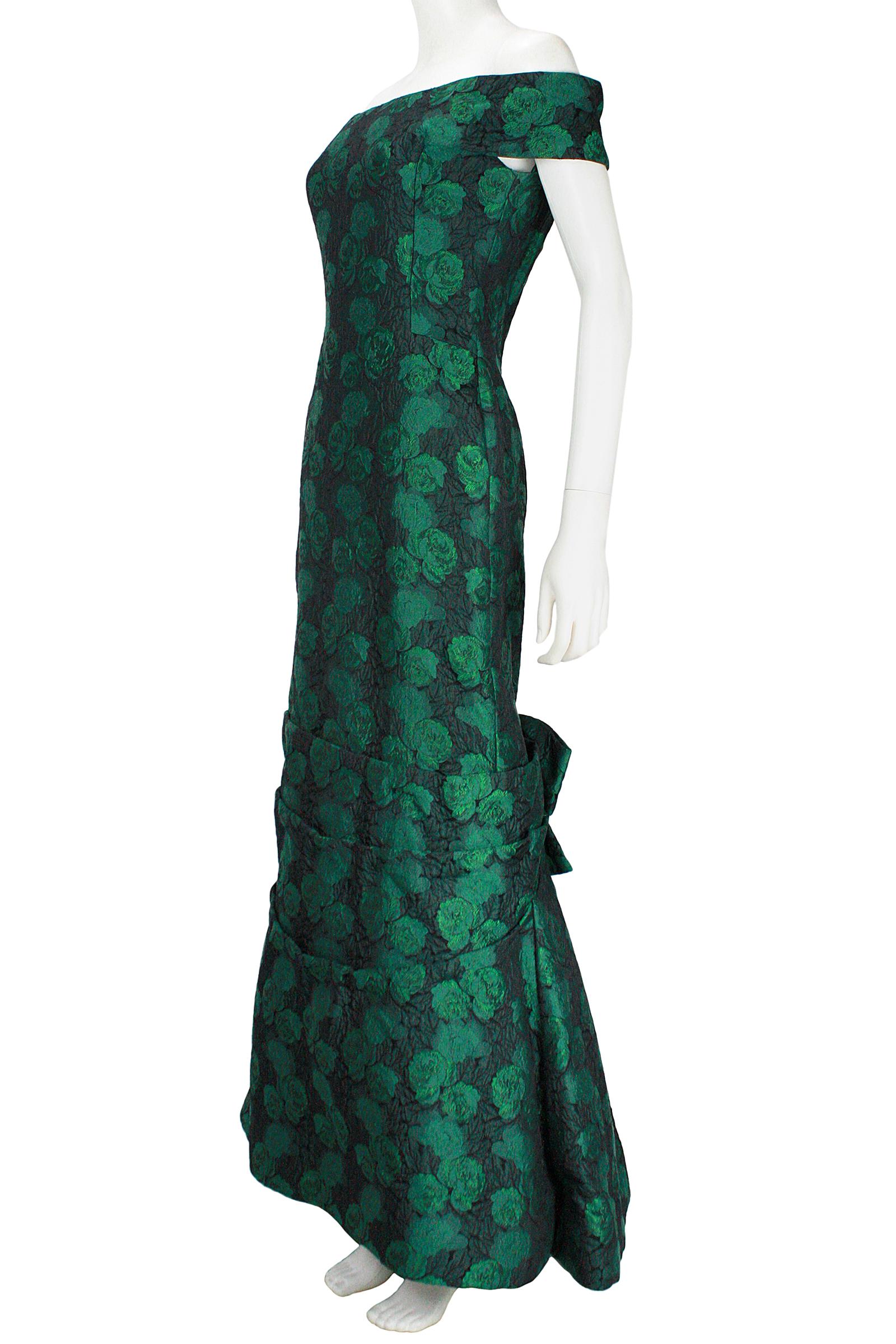 1980s Scaasi Off The Shoulder Green & Black Floral Brocade Gown with Jacket For Sale 2