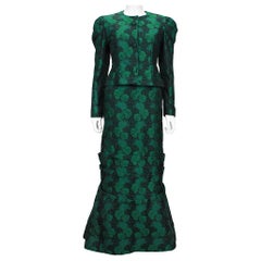 1980s Scaasi Off The Shoulder Green & Black Floral Brocade Gown with Jacket