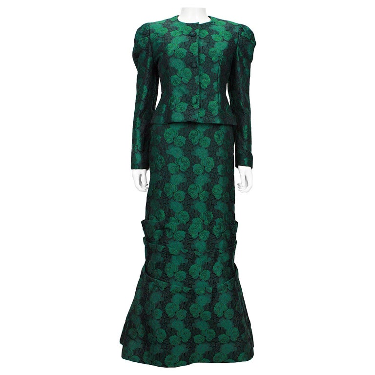 1980s Scaasi Off The Shoulder Green & Black Floral Brocade Gown With Jacket