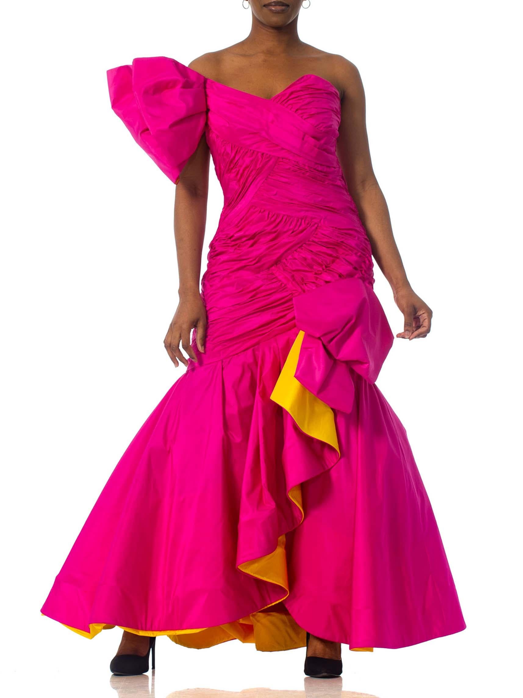 1980S SCAASI Hot Pink & Yellow Silk Taffeta One Shoulder Giant Bow  Gown Couture Hand Shirred Finished