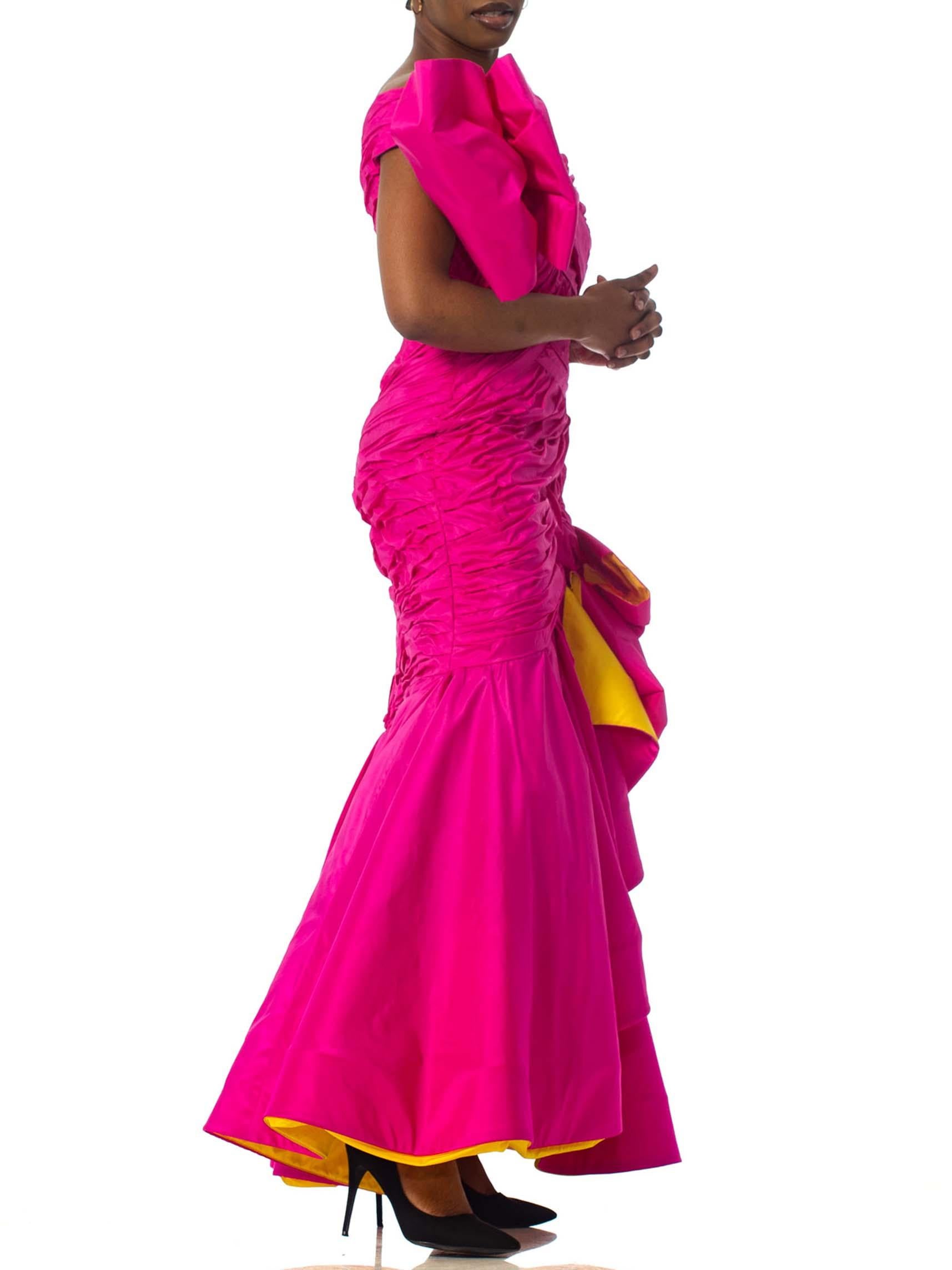 1980S SCAASI Hot Pink & Yellow Silk Taffeta One Shoulder Giant Bow  Gown Coutur In Excellent Condition In New York, NY