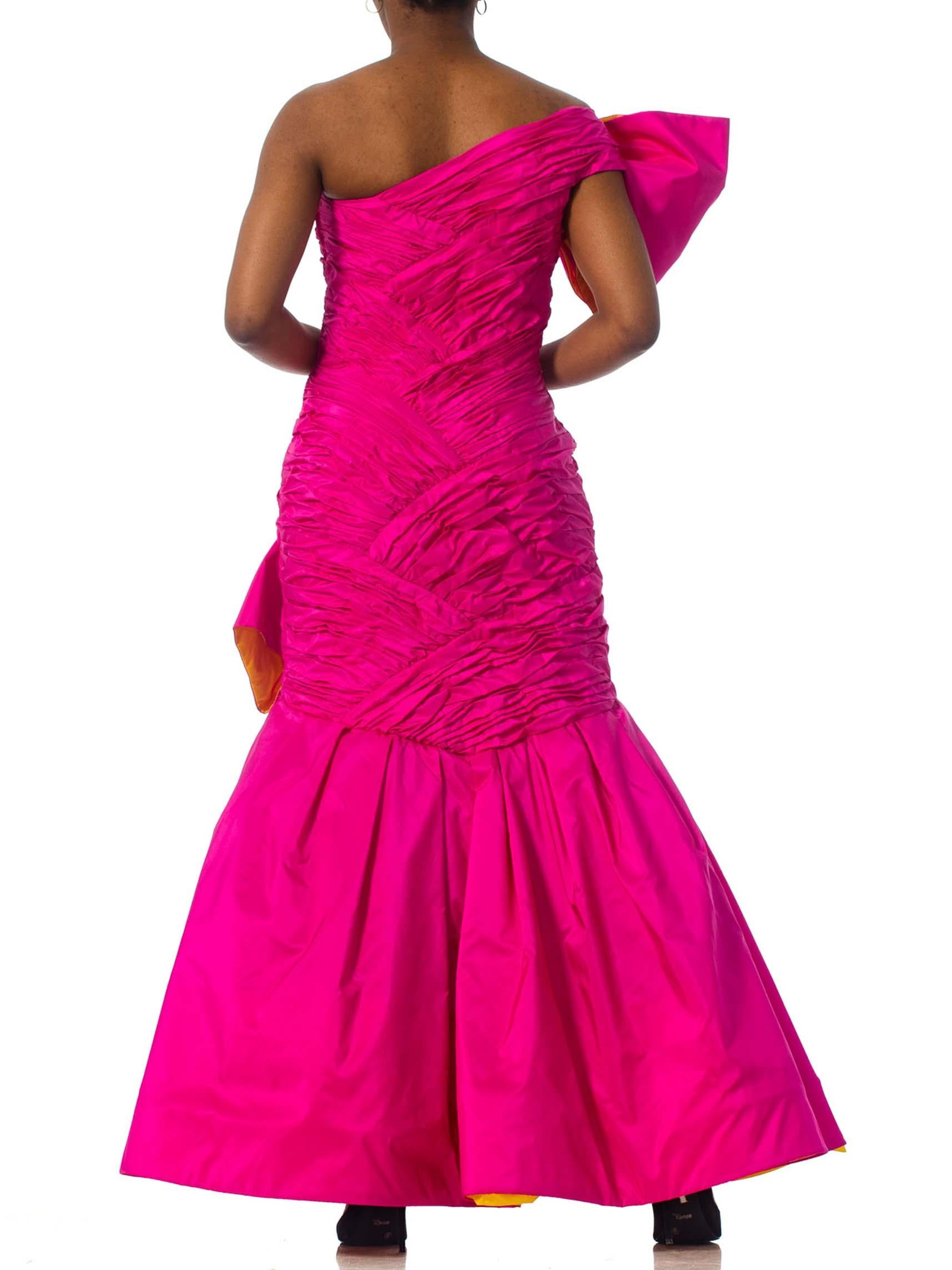 Women's 1980S SCAASI Hot Pink & Yellow Silk Taffeta One Shoulder Giant Bow  Gown Coutur