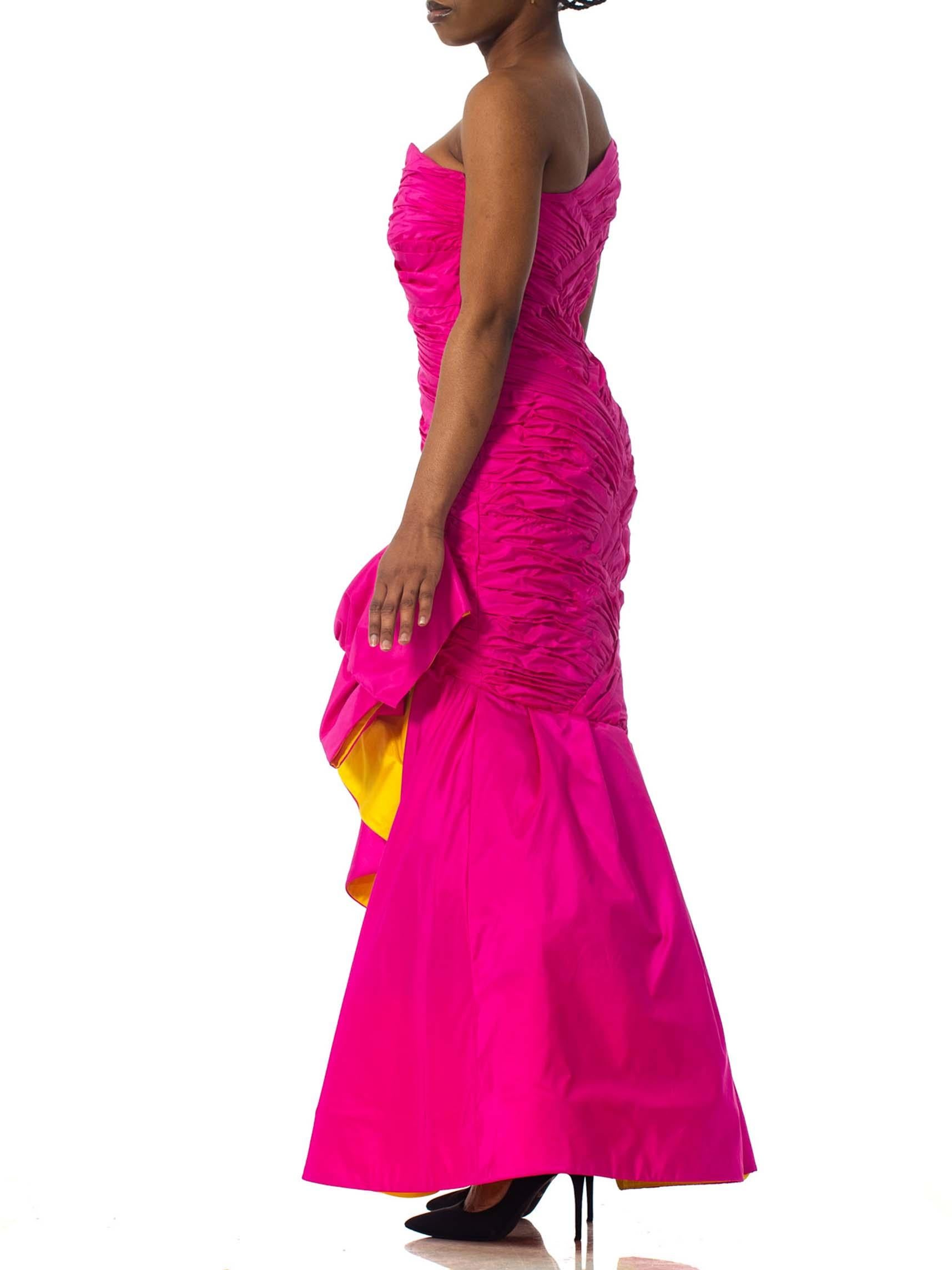 1980S SCAASI Hot Pink & Yellow Silk Taffeta One Shoulder Giant Bow  Gown Coutur 2