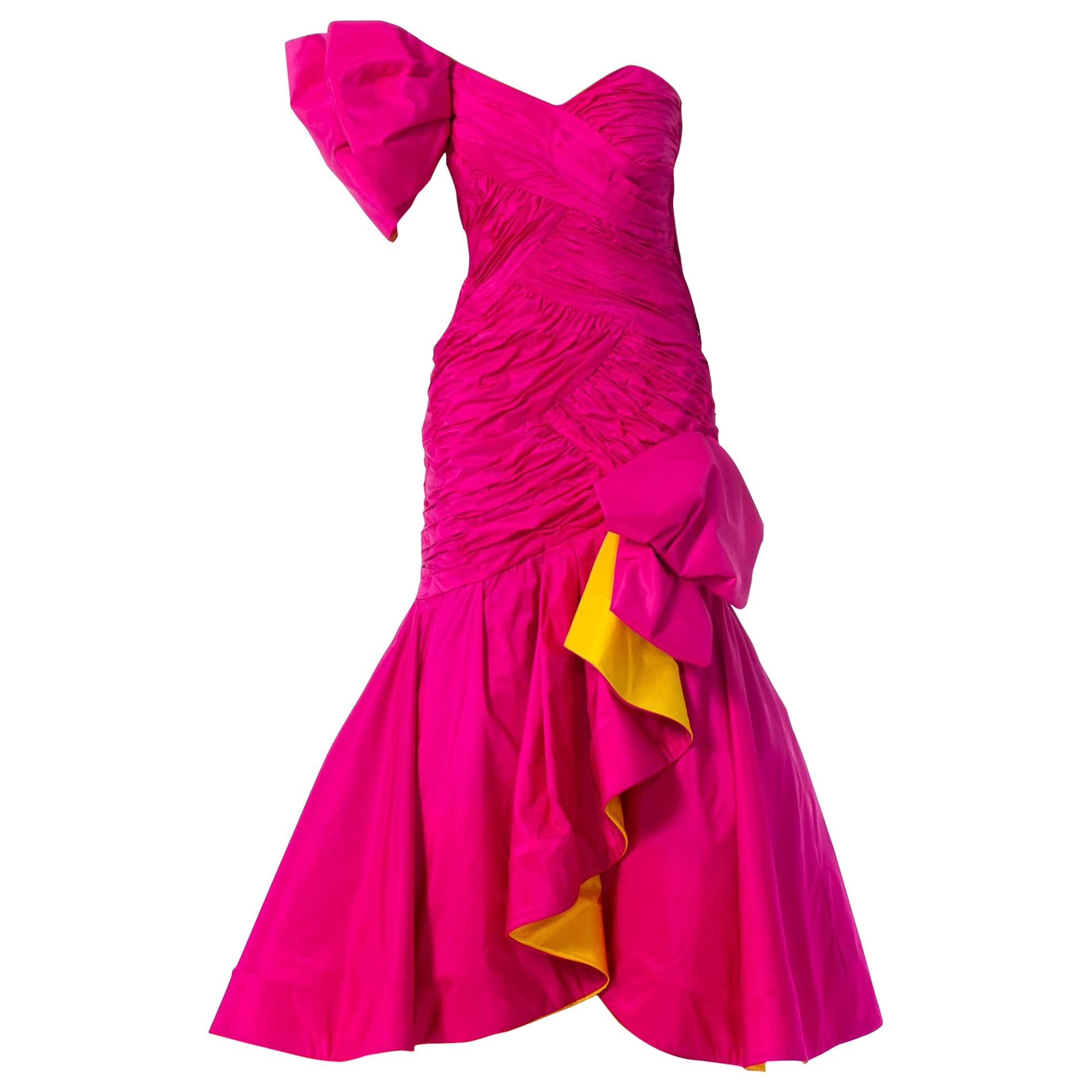 1980S SCAASI Hot Pink & Yellow Silk Taffeta One Shoulder Giant Bow  Gown Coutur