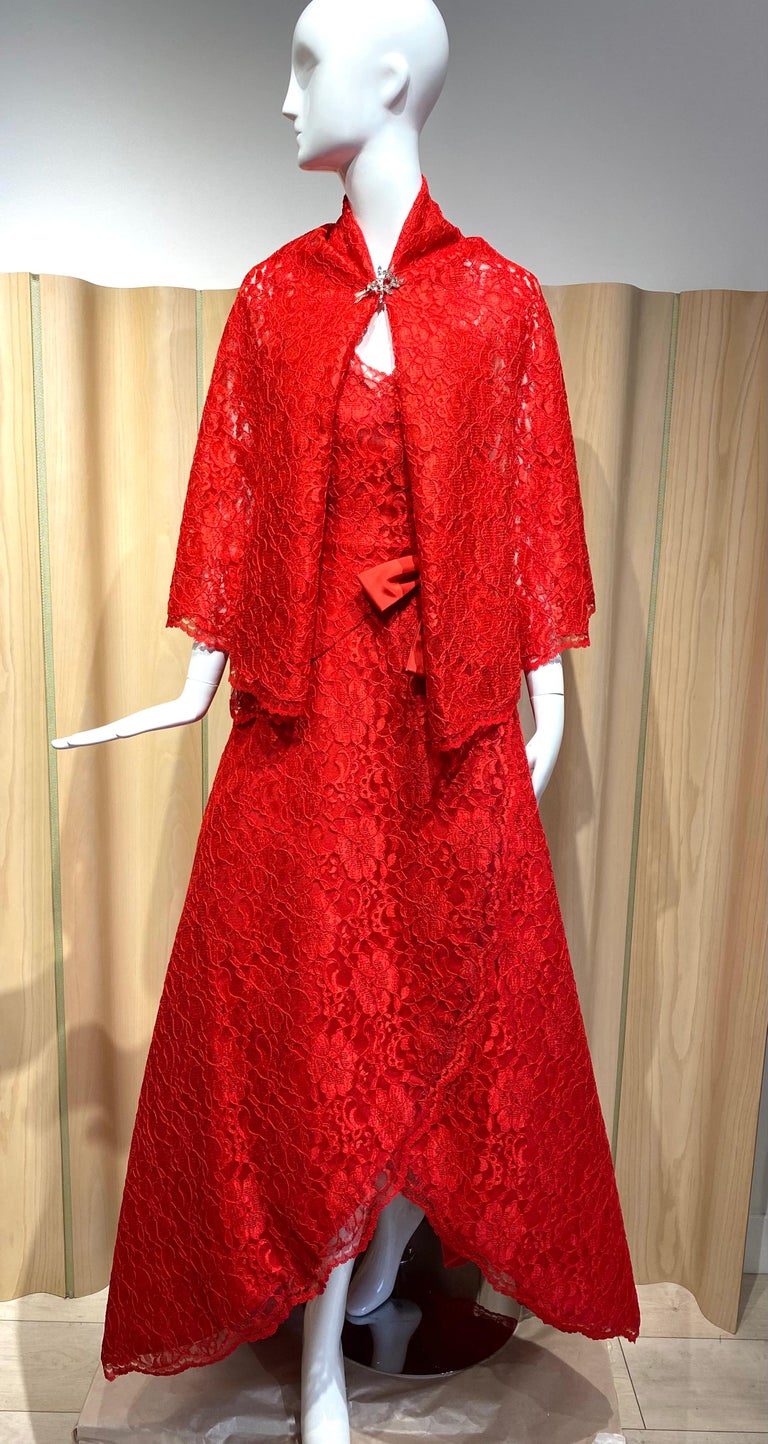 1980s Scaasi Red Strapless Evening Lace Gown With Shawl
