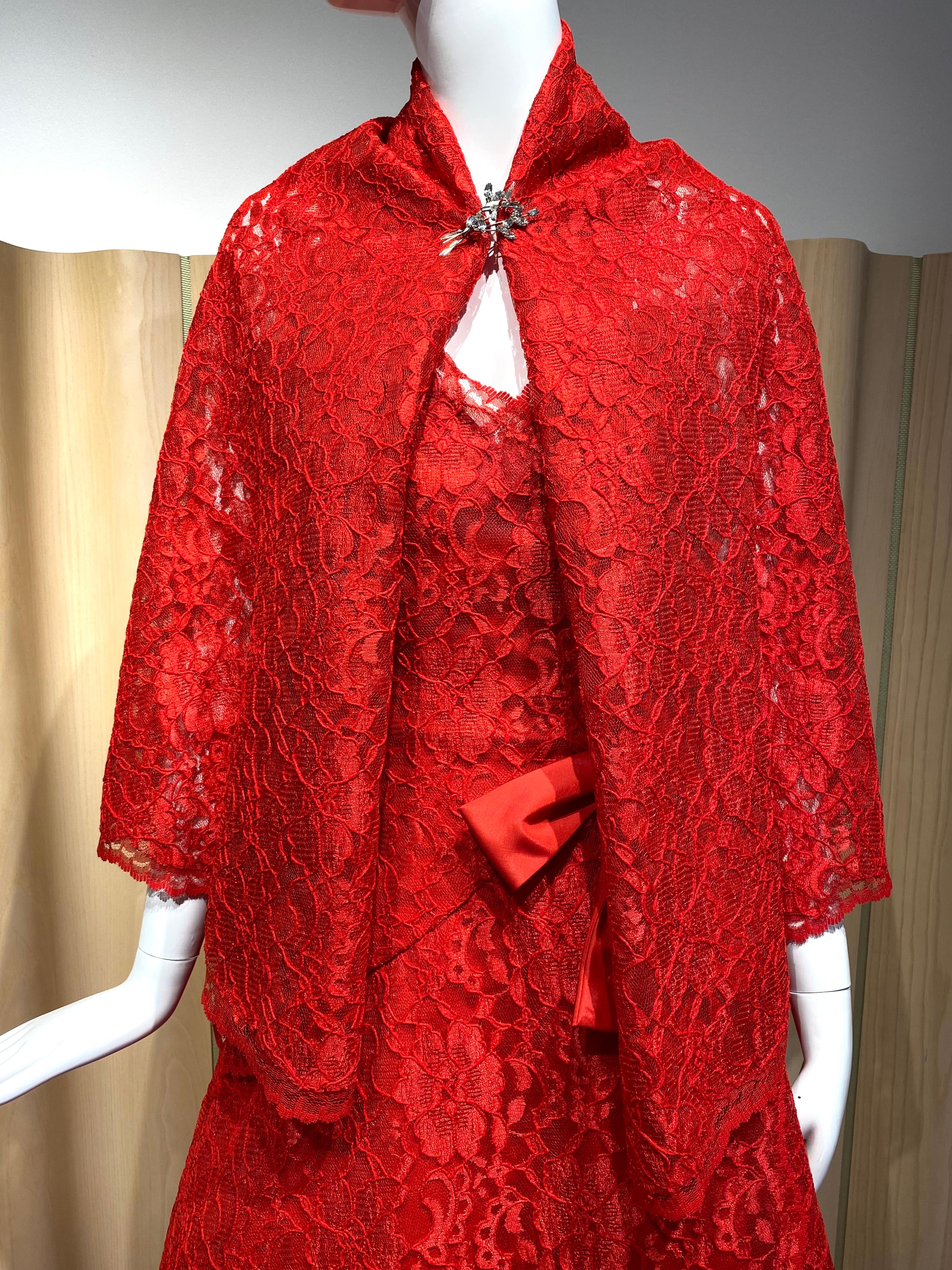 1980s SCAASI Red Strapless Lace Gown With Shawl For Sale 1