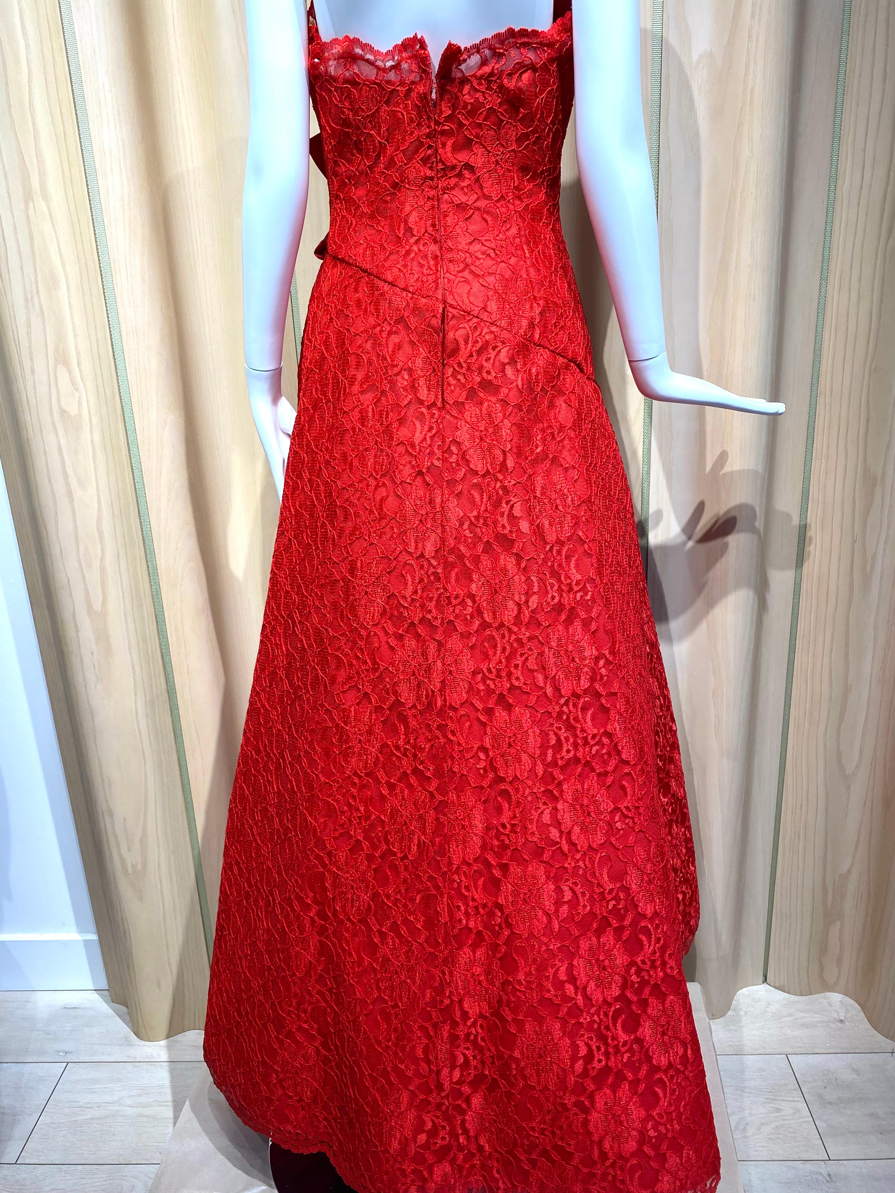 1980s SCAASI Red Strapless Lace Gown With Shawl For Sale 2