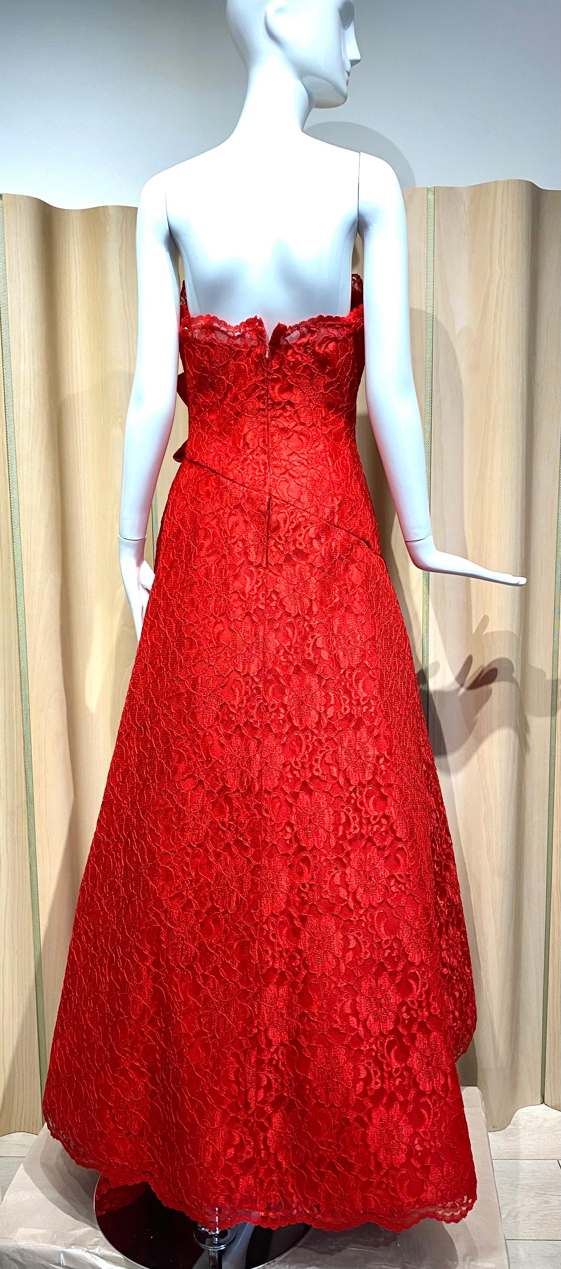 1980s SCAASI Red Strapless Lace Gown With Shawl For Sale 6