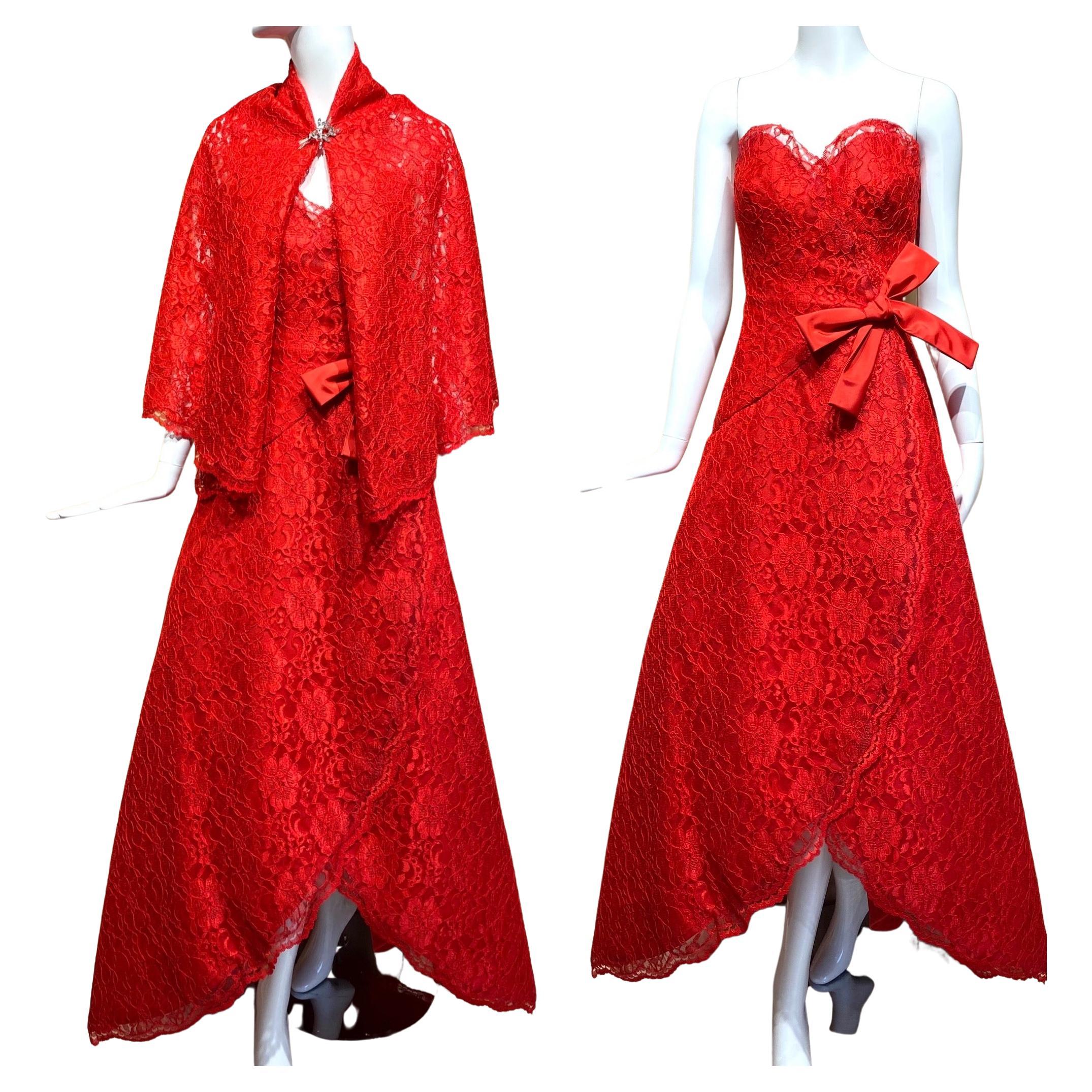 1980s SCAASI Red Strapless Lace Gown With Shawl For Sale