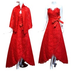 Retro 1980s SCAASI Red Strapless Lace Gown With Shawl
