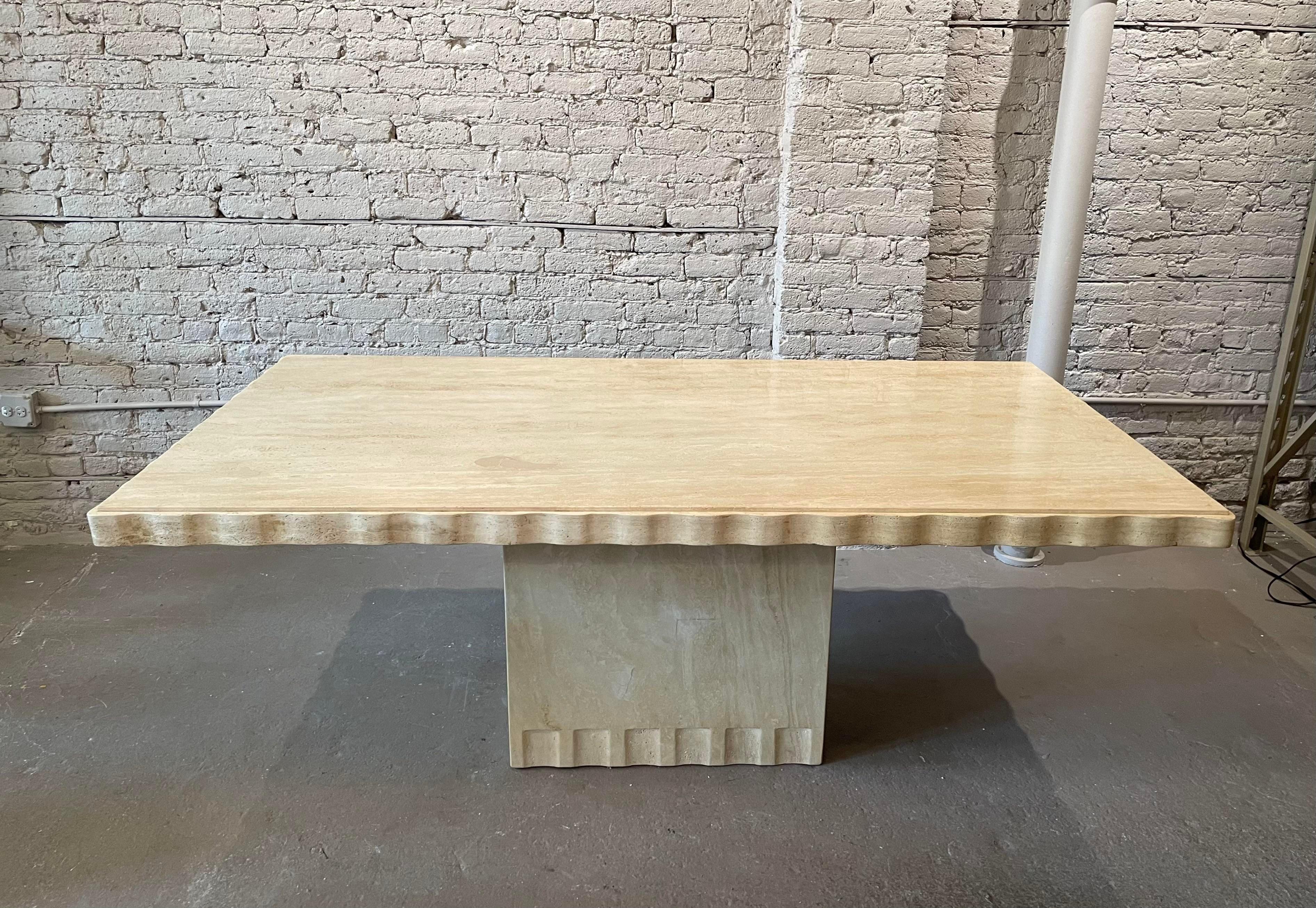 1980s Scalloped Edge Travertine Postmodern Vintage Dining Table 1