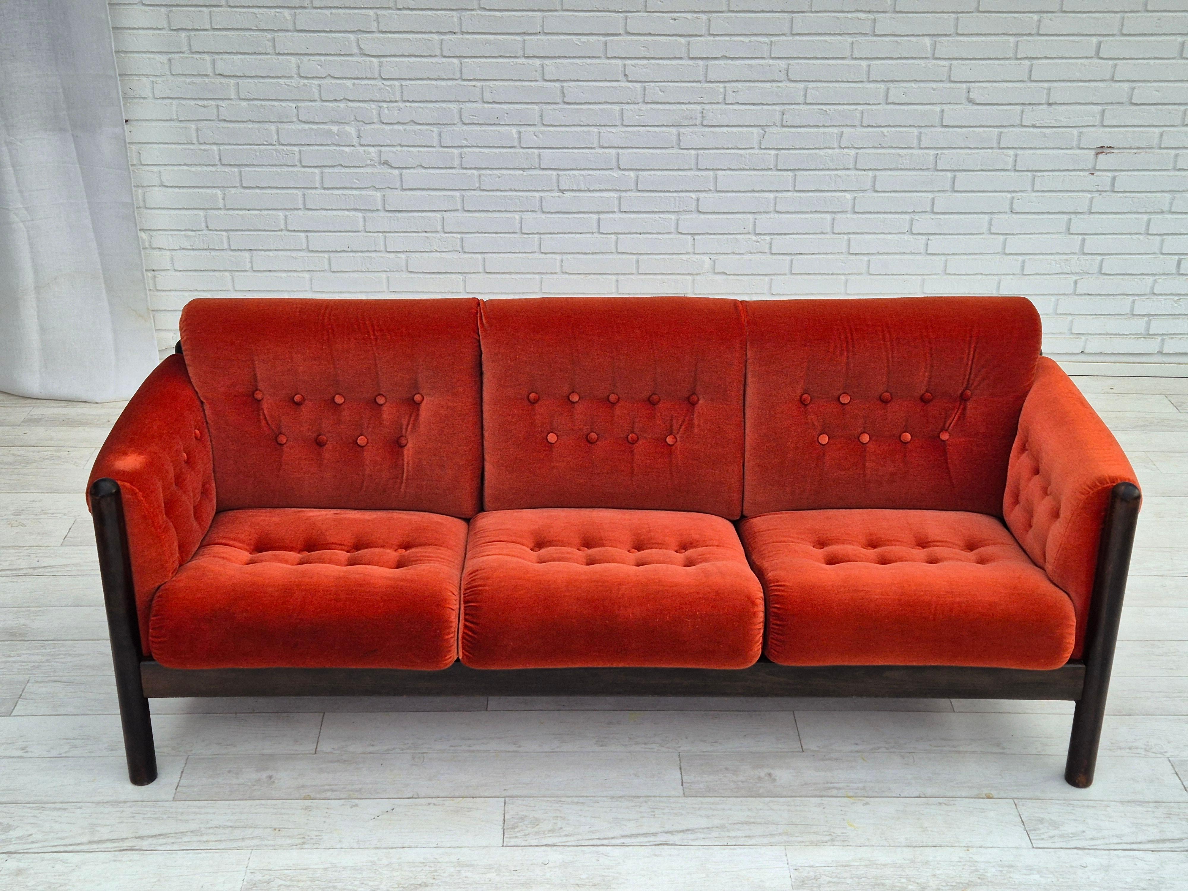 Scandinavian Modern 1980s, Scandinavian 3 seater sofa, original very good condition, velour, oak. For Sale