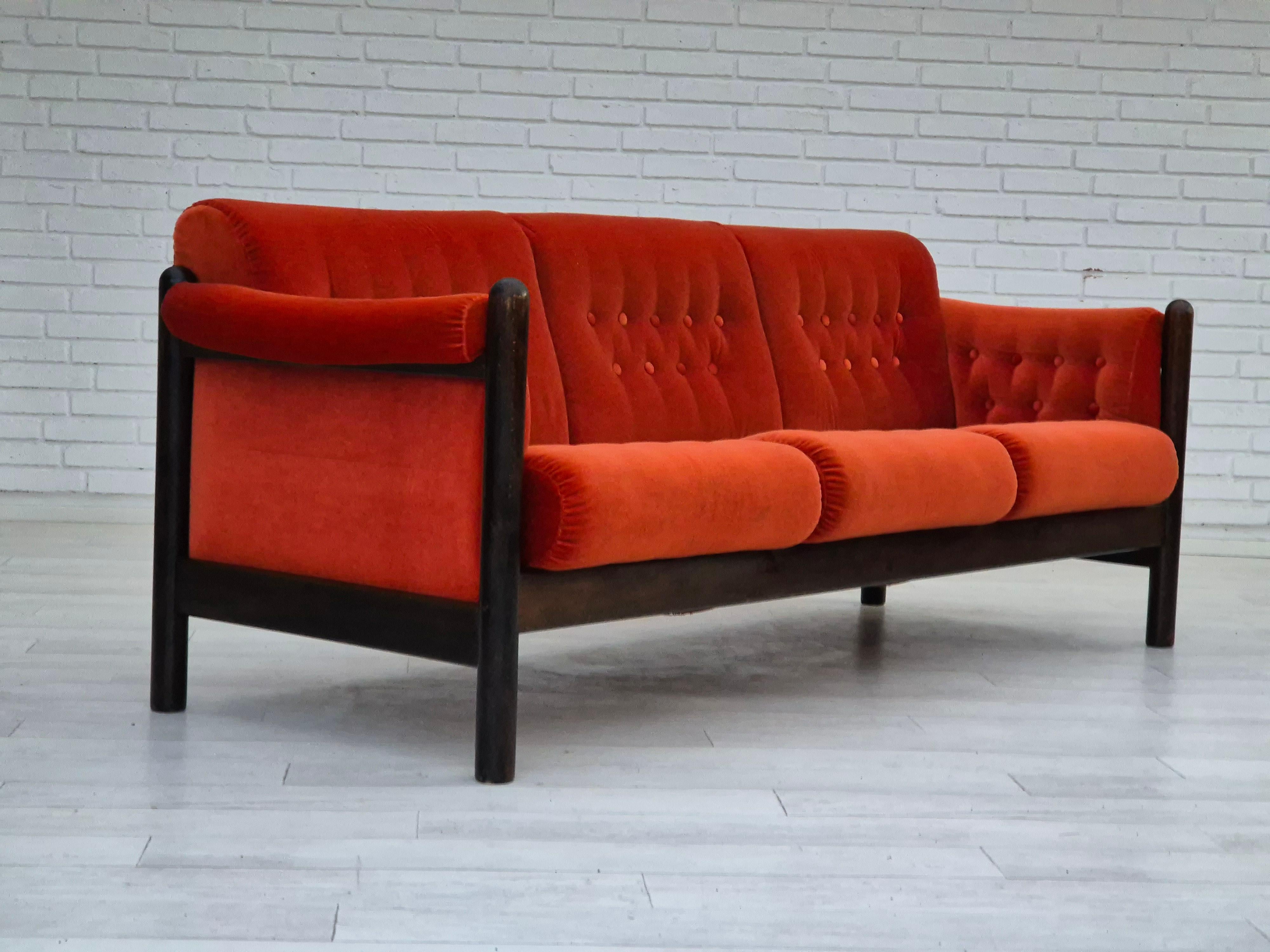 Late 20th Century 1980s, Scandinavian 3 seater sofa, original very good condition, velour, oak. For Sale