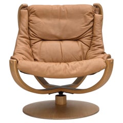 1980s, Scandinavian swivel armchair, furniture leather, bent wood.